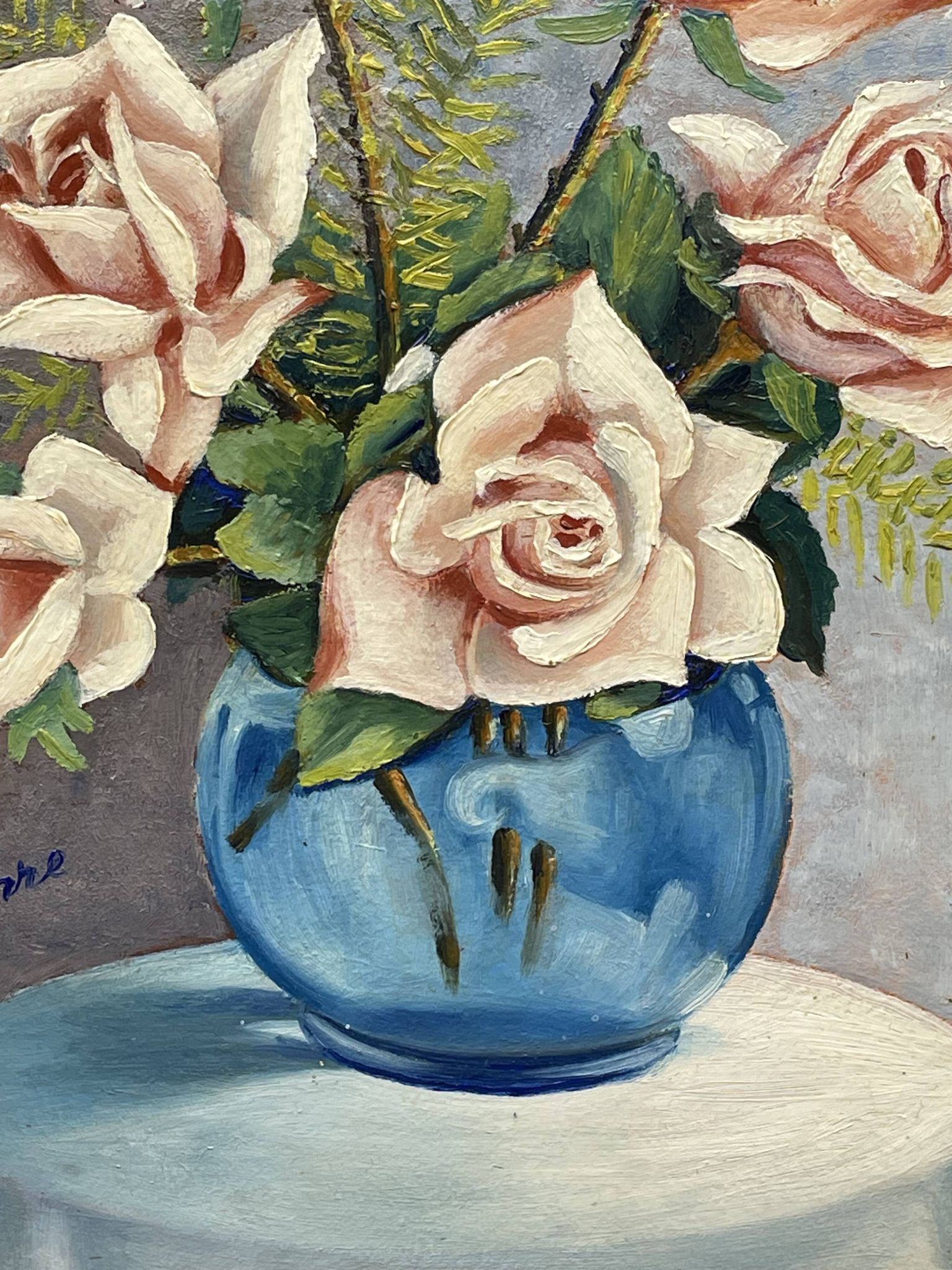 Still life with roses – Signed oil, blue vase, vintage gold frame