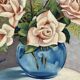Still life with roses – Signed oil, blue vase, vintage gold frame