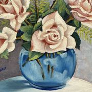 Still life with roses – Signed oil, blue vase, vintage gold frame