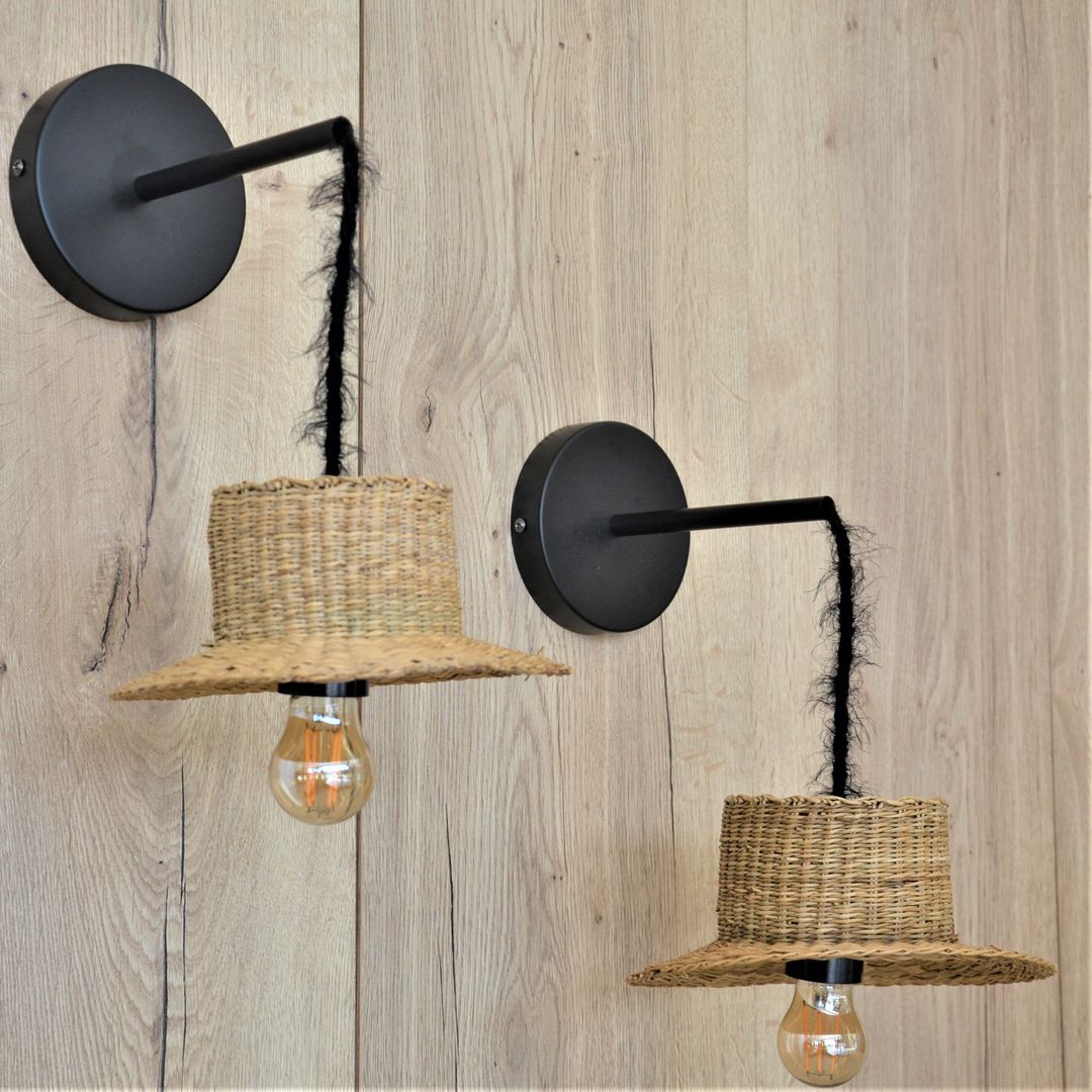 Pair of wall lamps mini straw hat