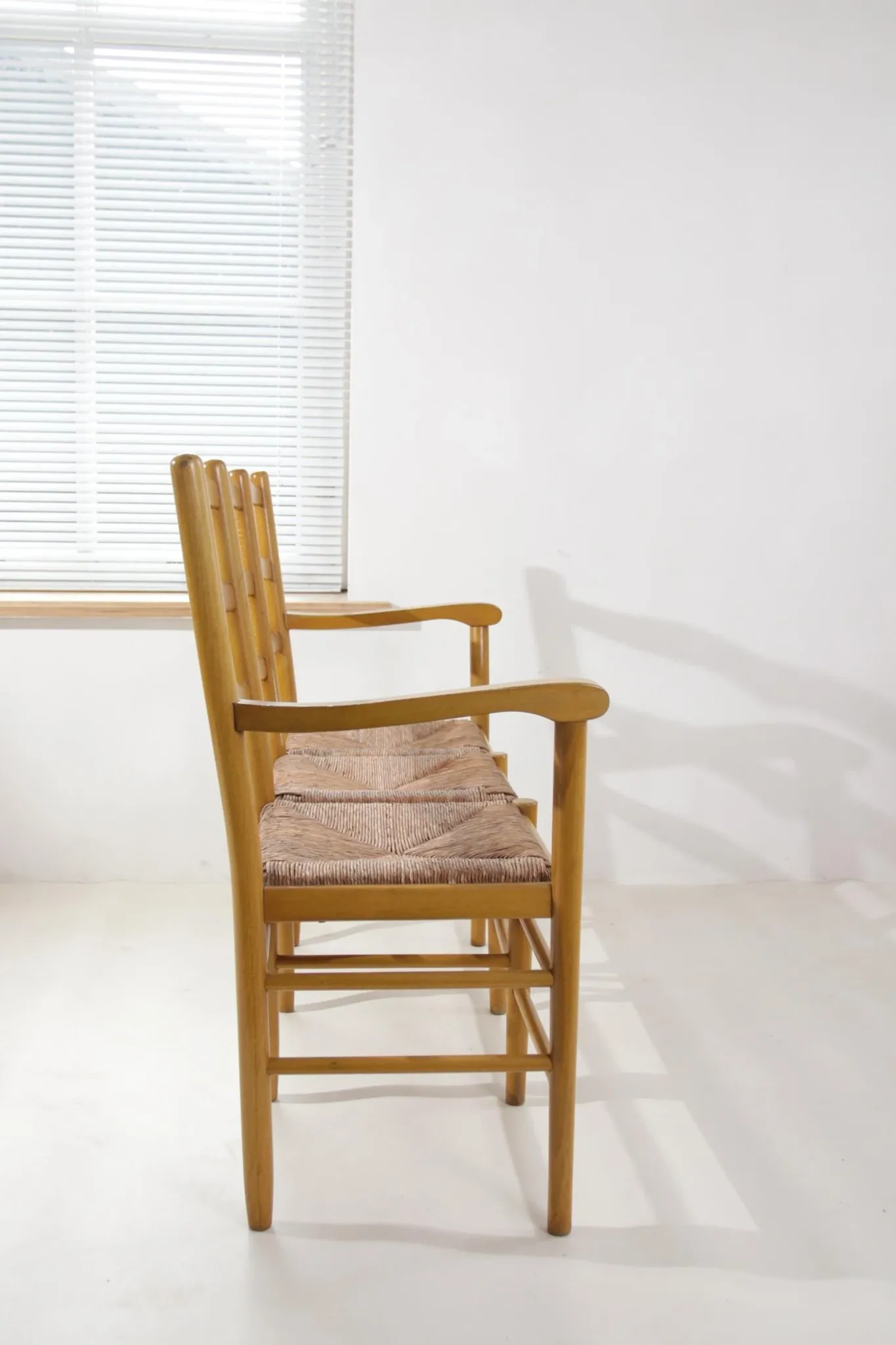 Beech three-seater bench with rush seat – 1960s