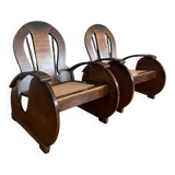 Pair of Art Deco armchairs in wood and cane.