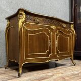 curved chest of drawers with Venetian doors, Louis XV style, in mahogany and gilded wood