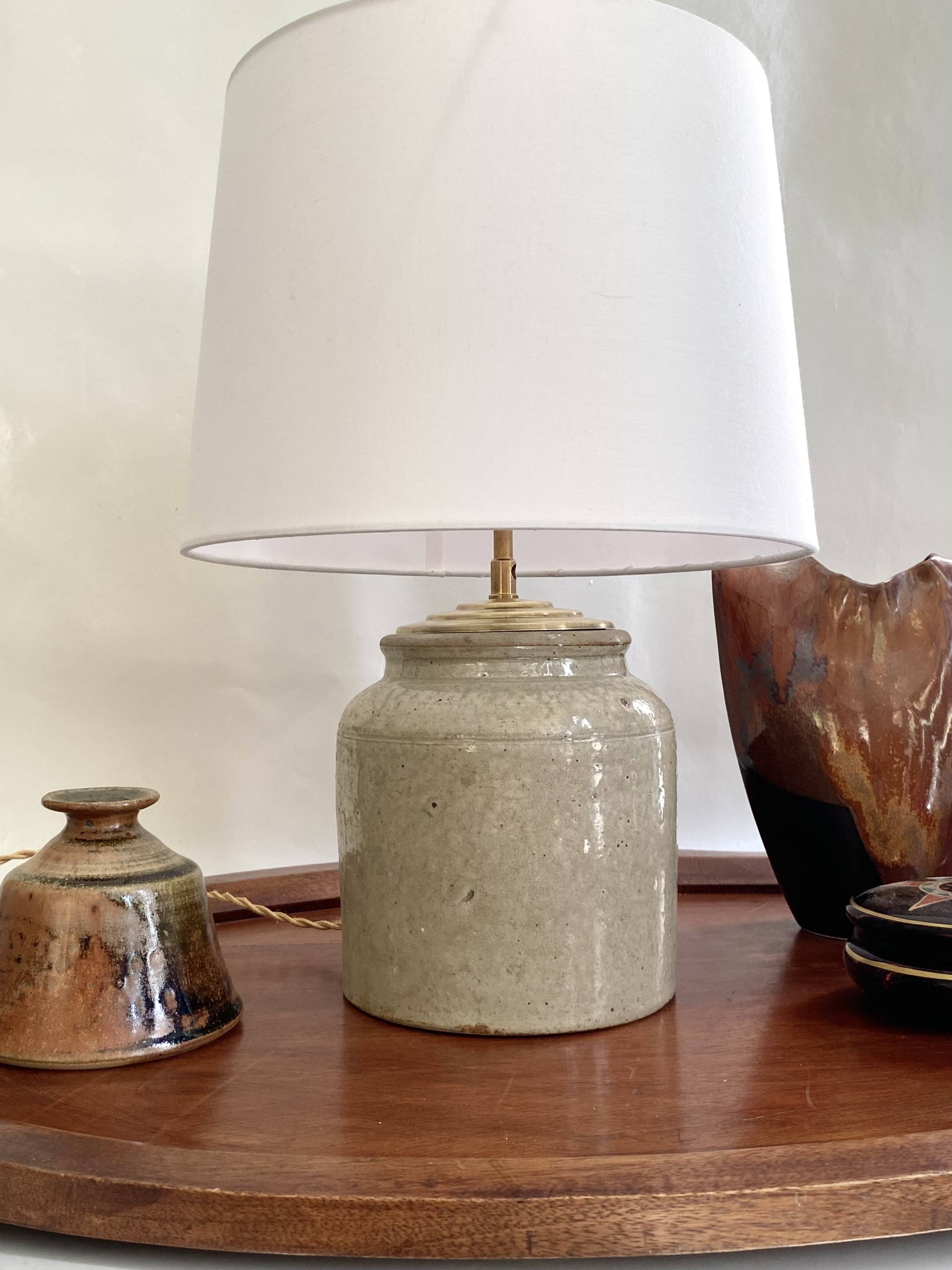 Lampe grès, câble tissu 2 M, abat-jour coton