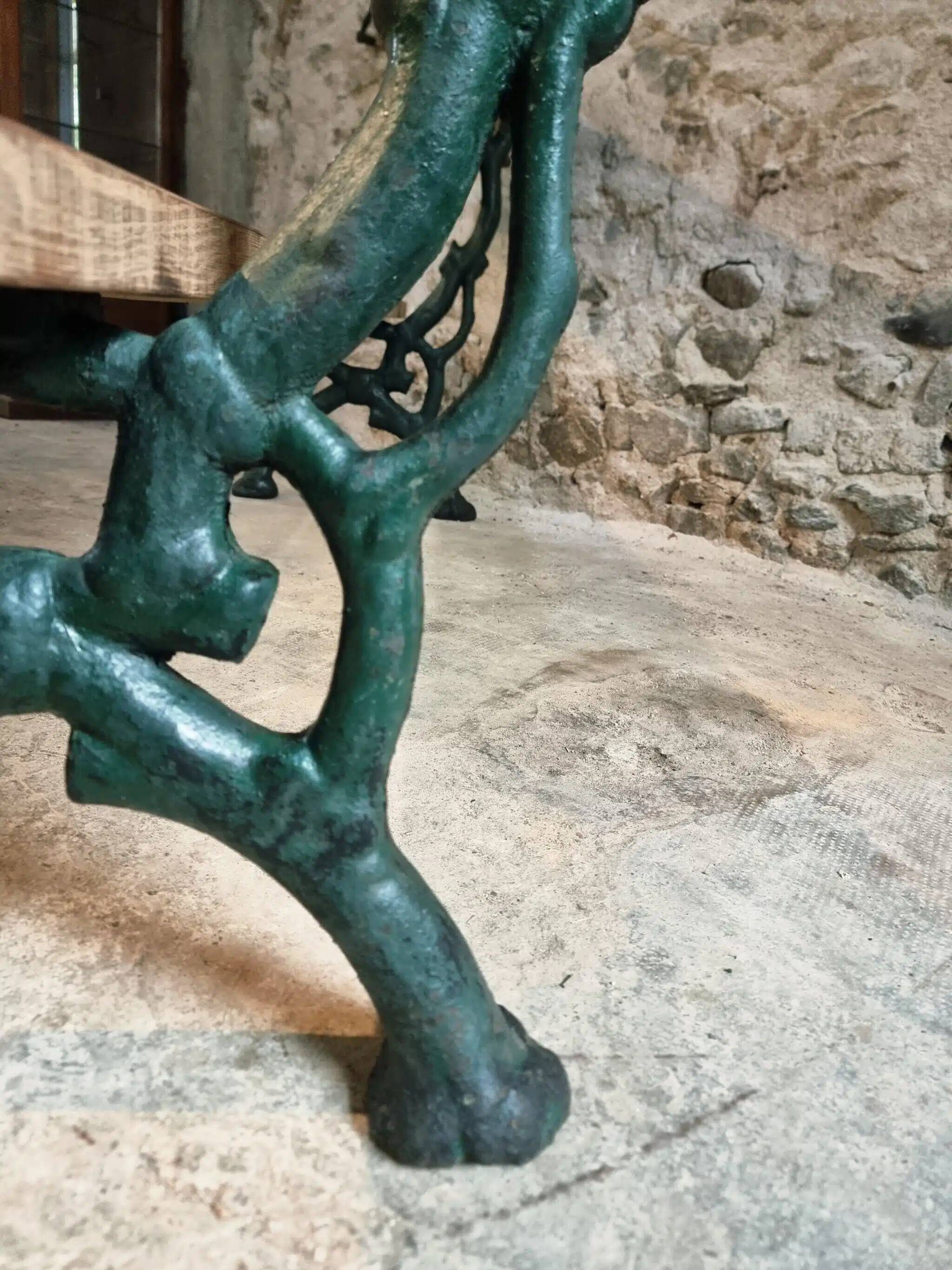Antique French park bench in cast iron and oak – Sea green patina, 220 cm