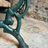 Antique French park bench in cast iron and oak – Sea green patina, 220 cm