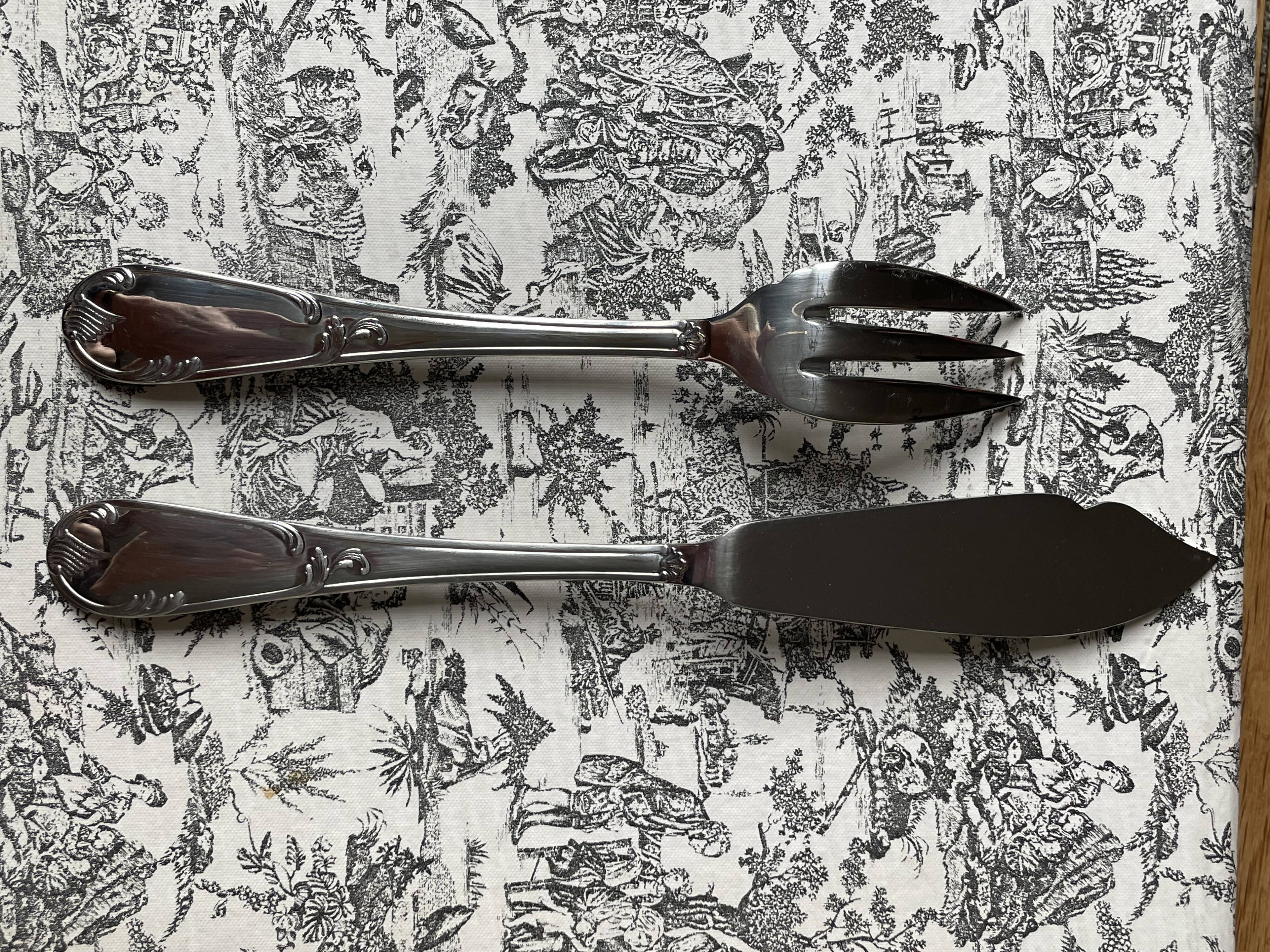Vintage toile de Jouy cutlery set for 12 fish forks, stainless steel 18/10, like new.