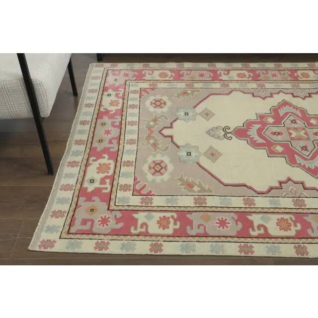 1970s Vintage Turkish Oushak Handmade Wool Cotton Cream Area Rug 150x205