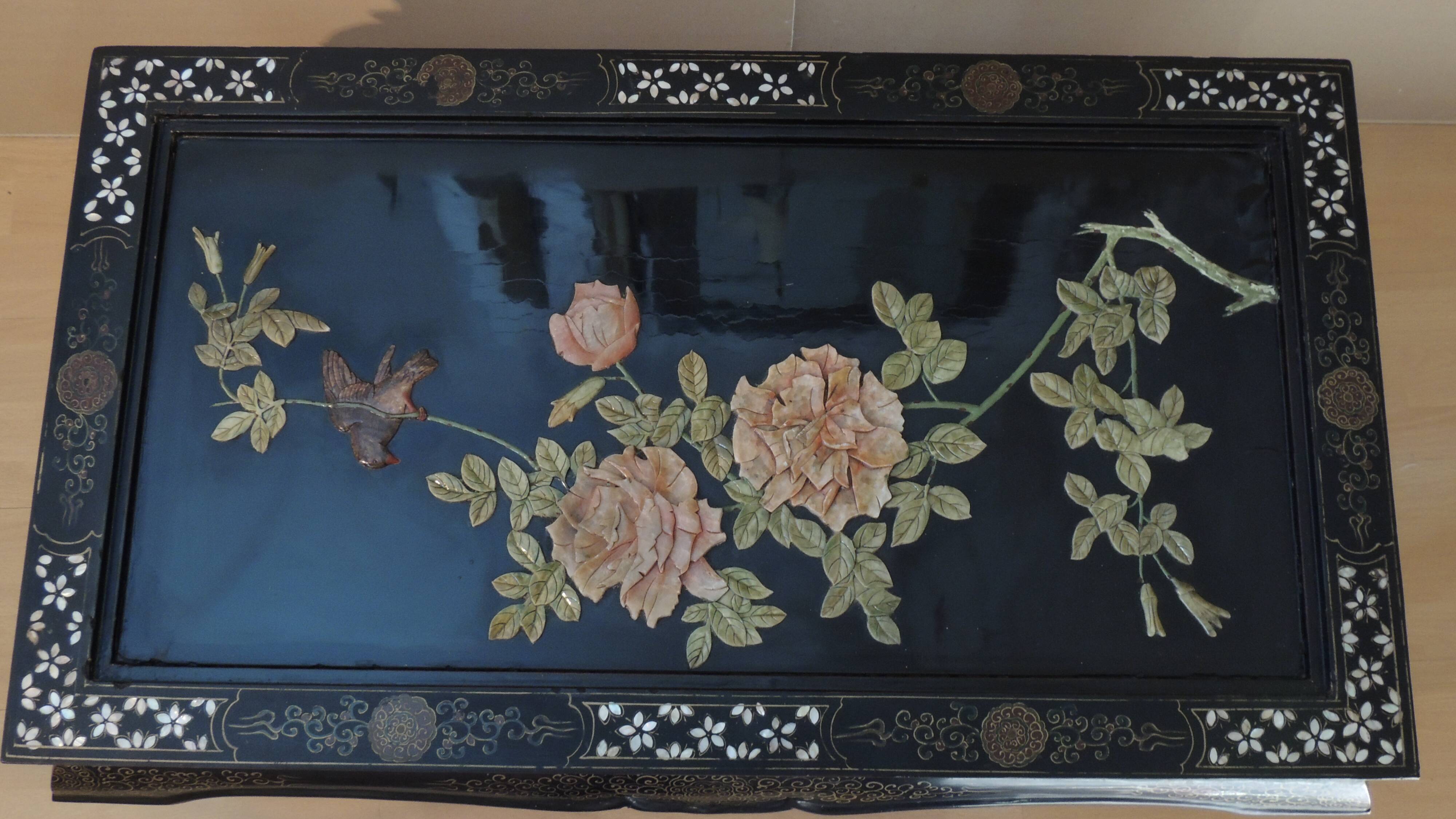 Table basse japonaise décor floral et oiseaux/vintage