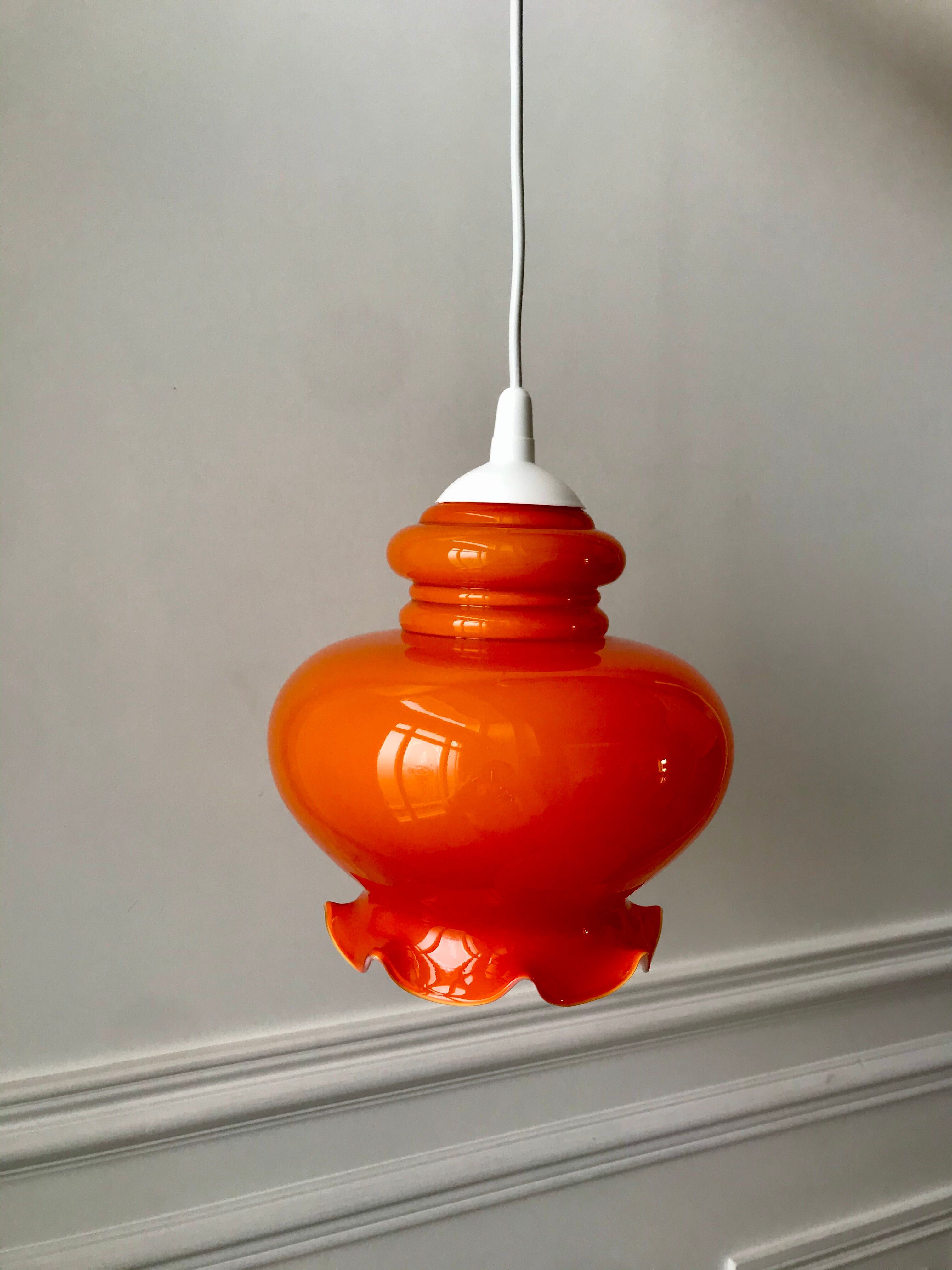 Orange opaline suspension lamp 70s