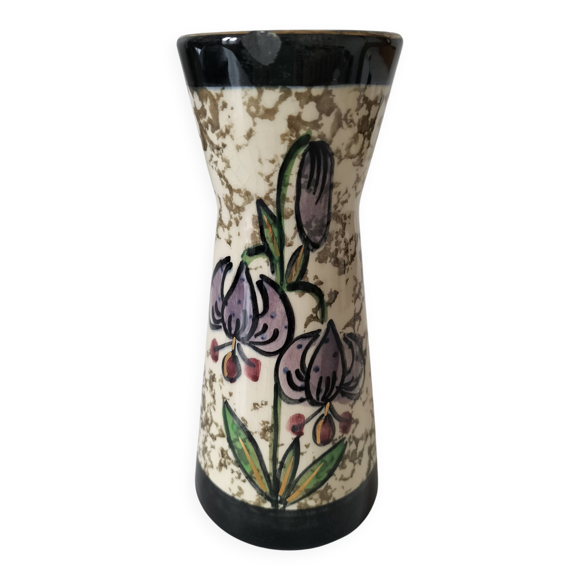 Vintage cream ceramic vase with purple floral decoration and gold highlights