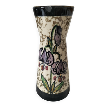 Vintage cream ceramic vase with purple floral decoration and gold highlights