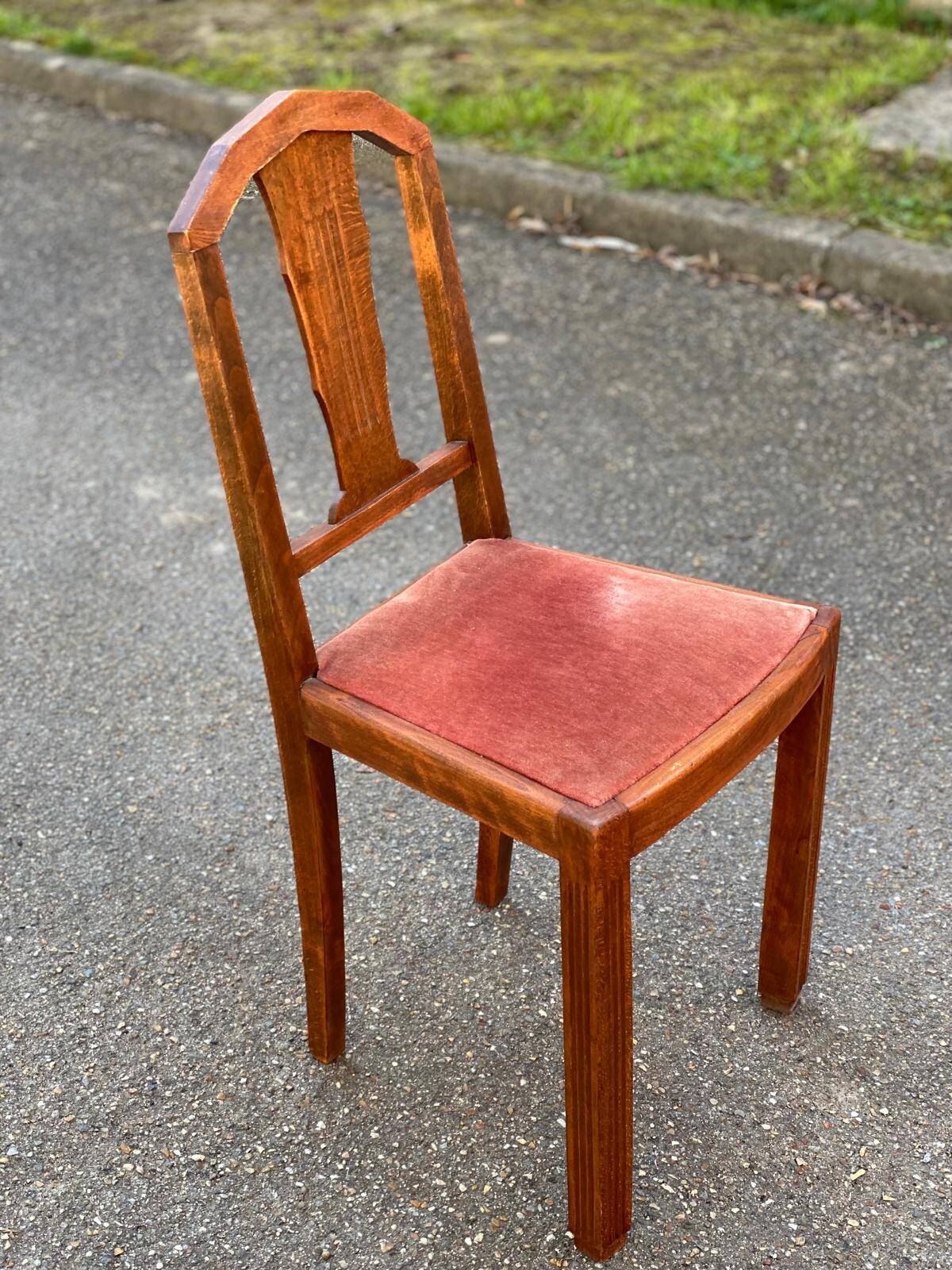 Art Deco chair in solid wood and burgundy velvet fabric