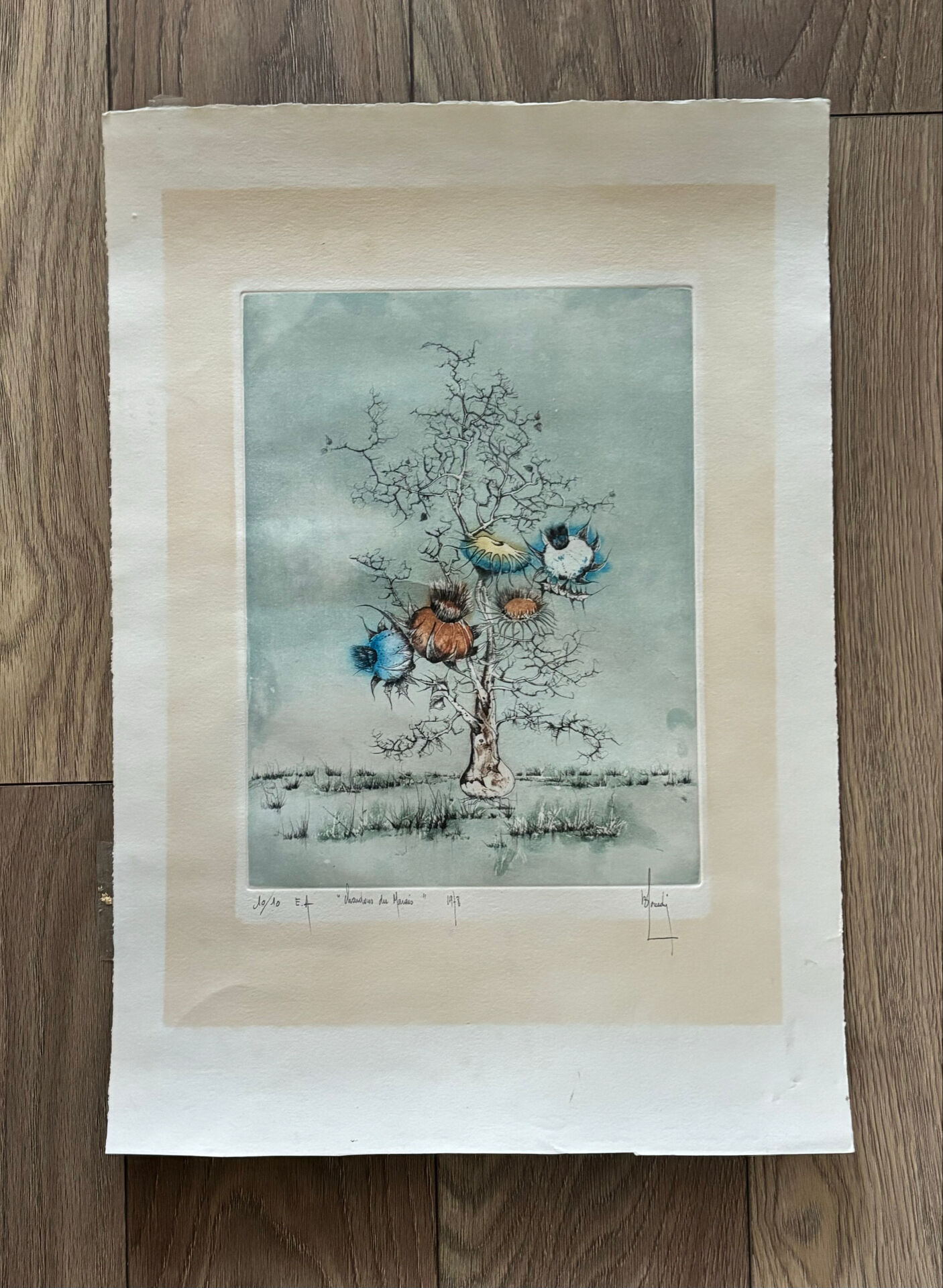 Original Engraving Bernard Louedin 1978 "Thistles of the Marsh" Signed Numbered