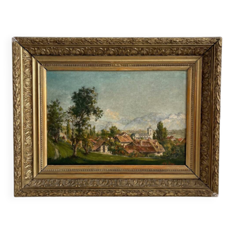 Old oil painting on cardboard village landscape signed