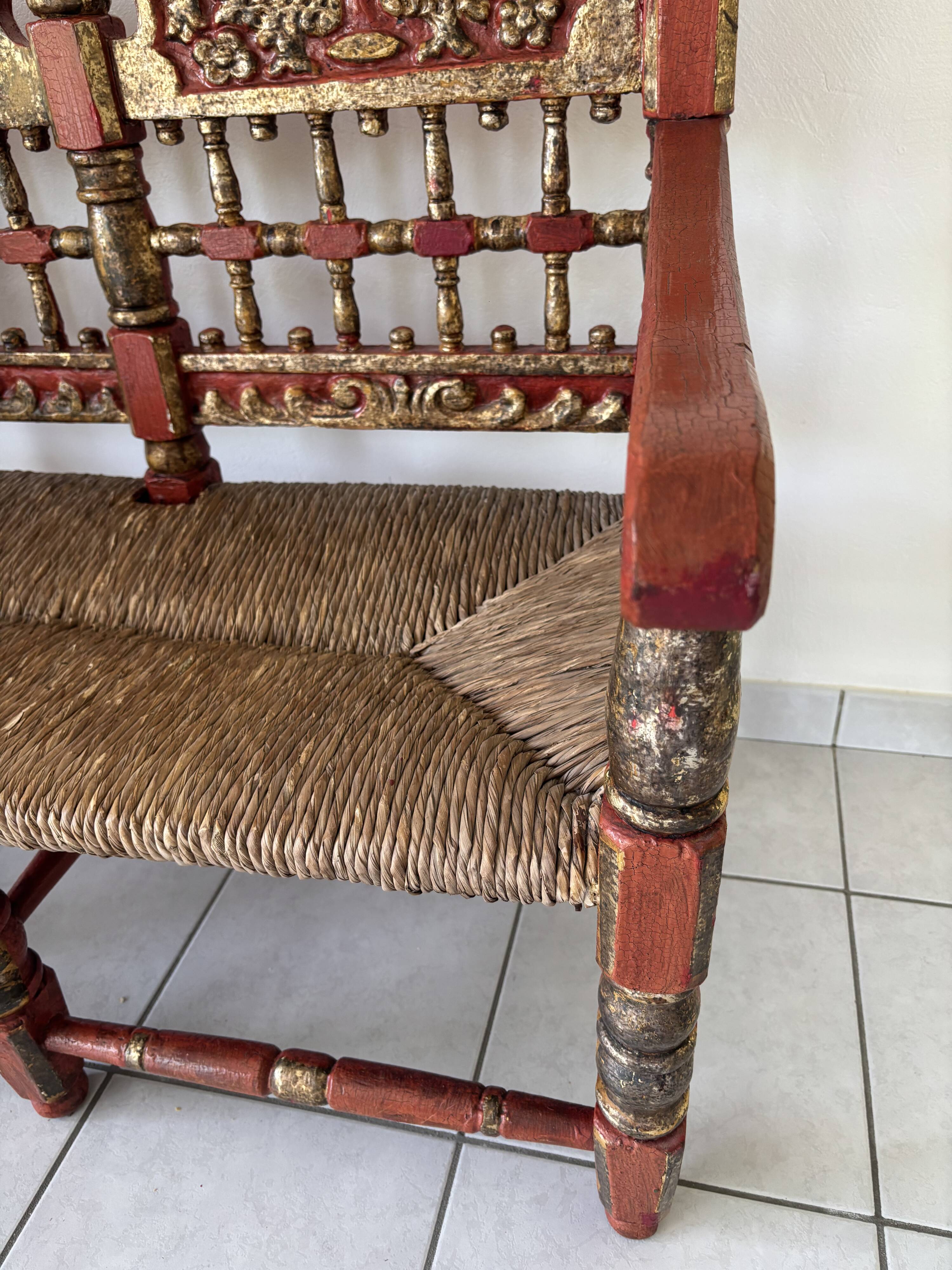 Vintage Spanish low chair in painted wood and straw (Majorca Andalusia)