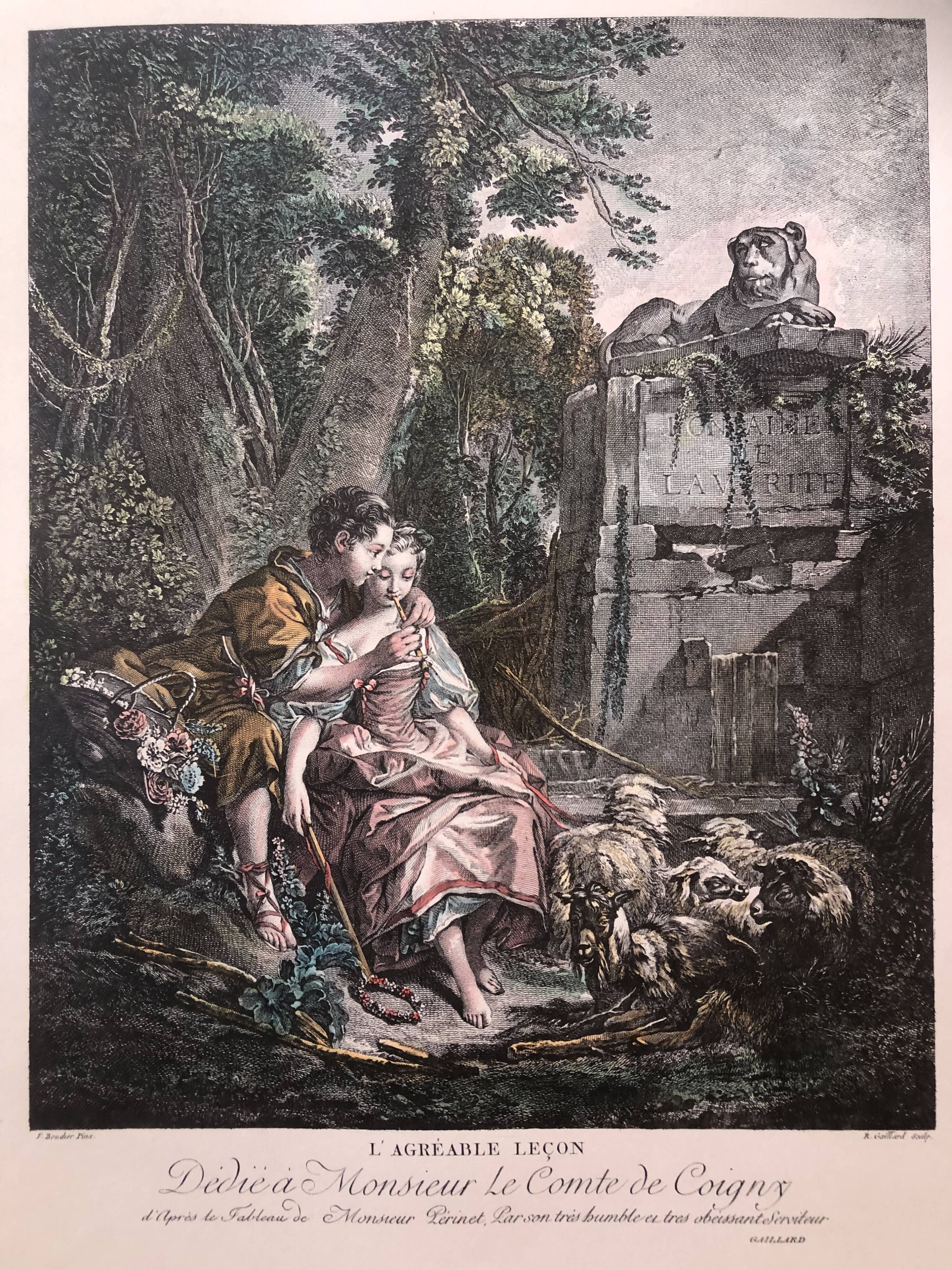 Lithography the pleasant season after boucher and gaillard, mid-20th century print, flute-playing shepherds