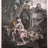 Lithography the pleasant season after boucher and gaillard, mid-20th century print, flute-playing shepherds