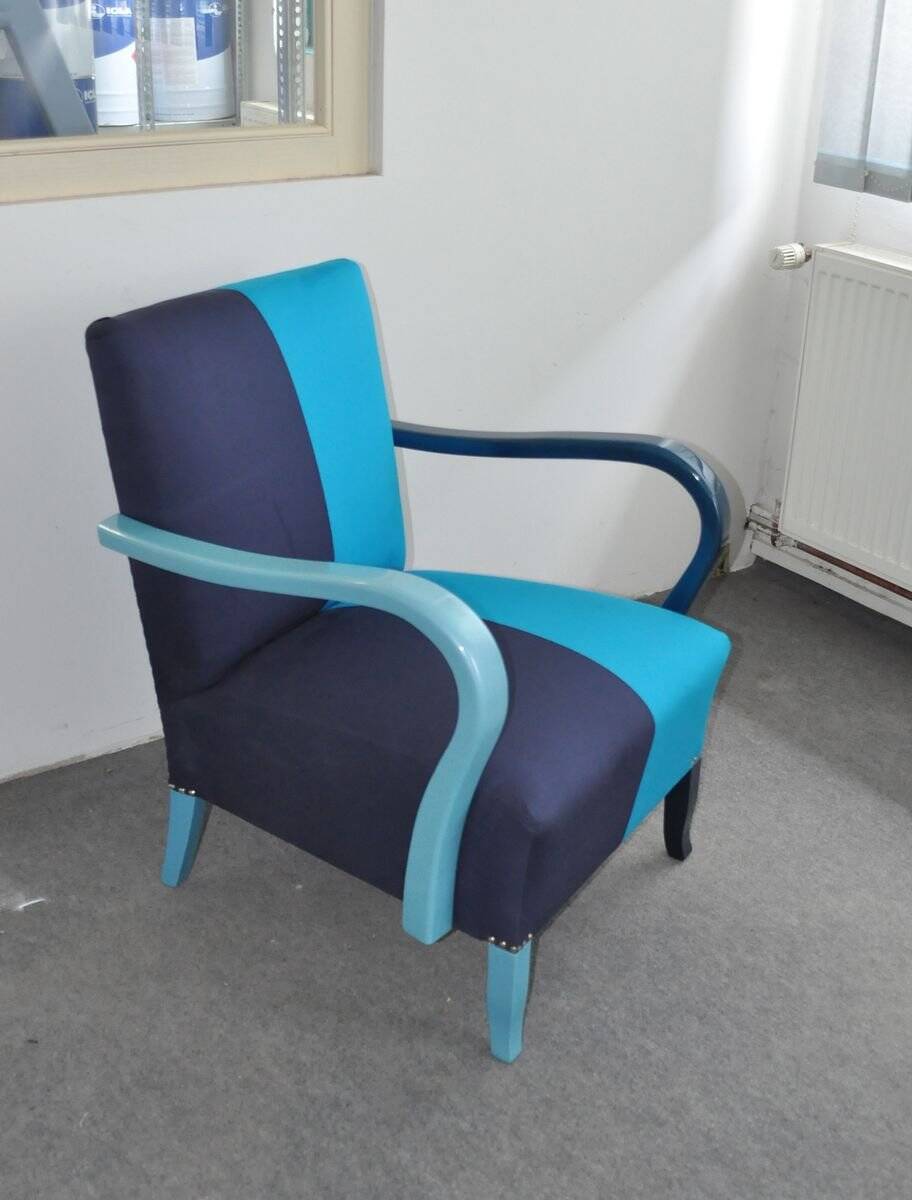 Azure blue Art Deco armchair in wood and cotton, 1920s, fully restored.