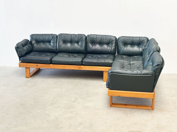 Canapé d'angle modulable en pin et cuir vert, Allemagne années 1970