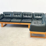 Canapé d'angle modulable en pin et cuir vert, Allemagne années 1970