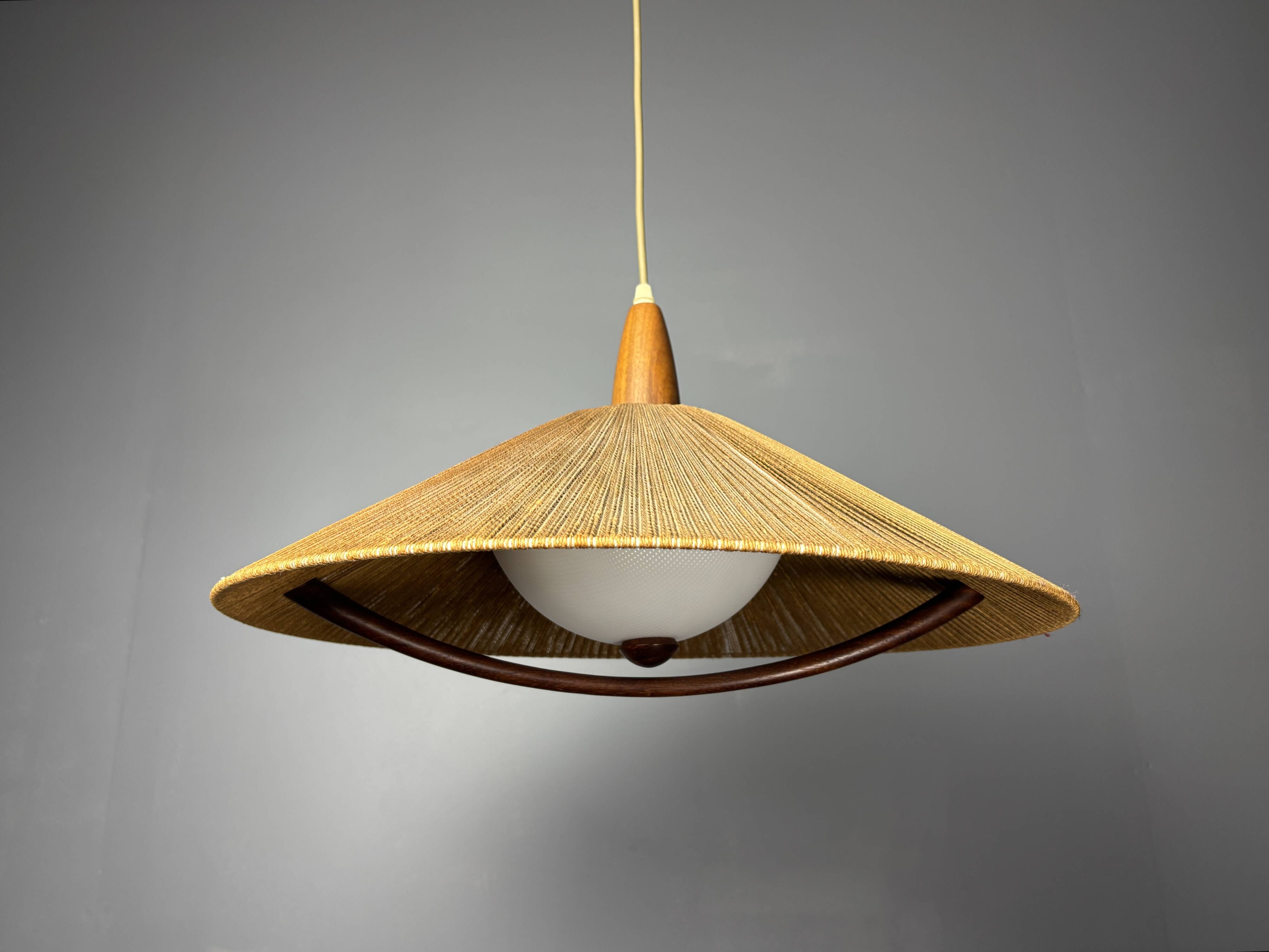 Large Mid-Century Teak and Sisal Cord Pendant from Temde Leuchten, 1960s