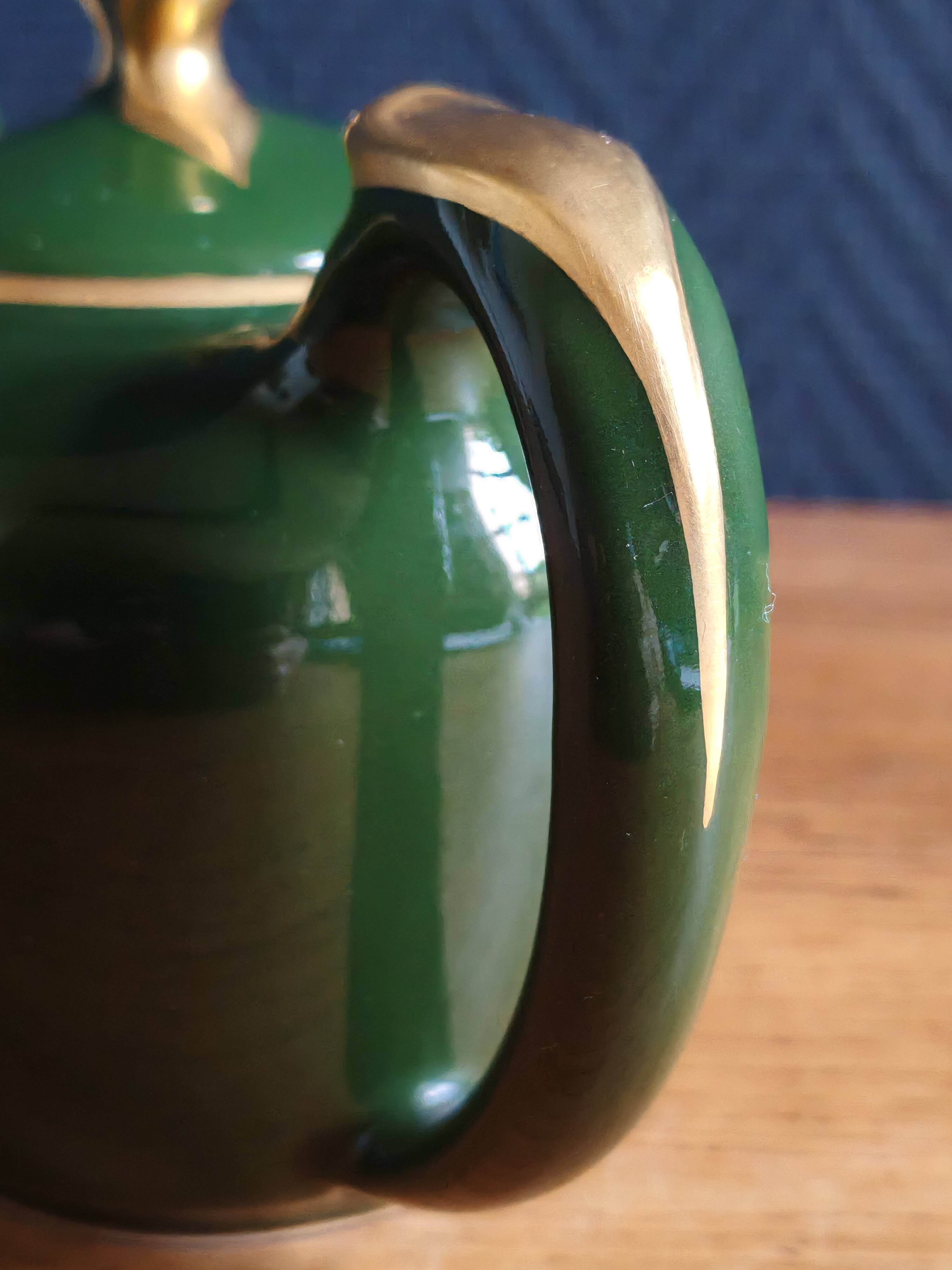 Vintage Teapot Mehun France Numbered, Green and Gold Porcelain