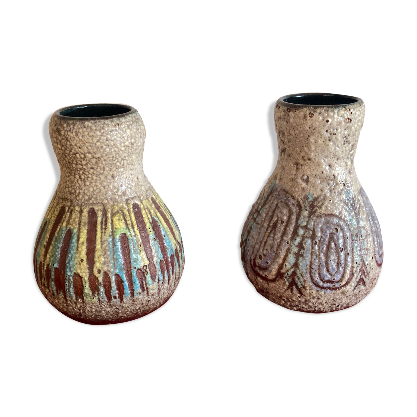 Pair of ceramic vases Accolay vintage africanist decoration 1960