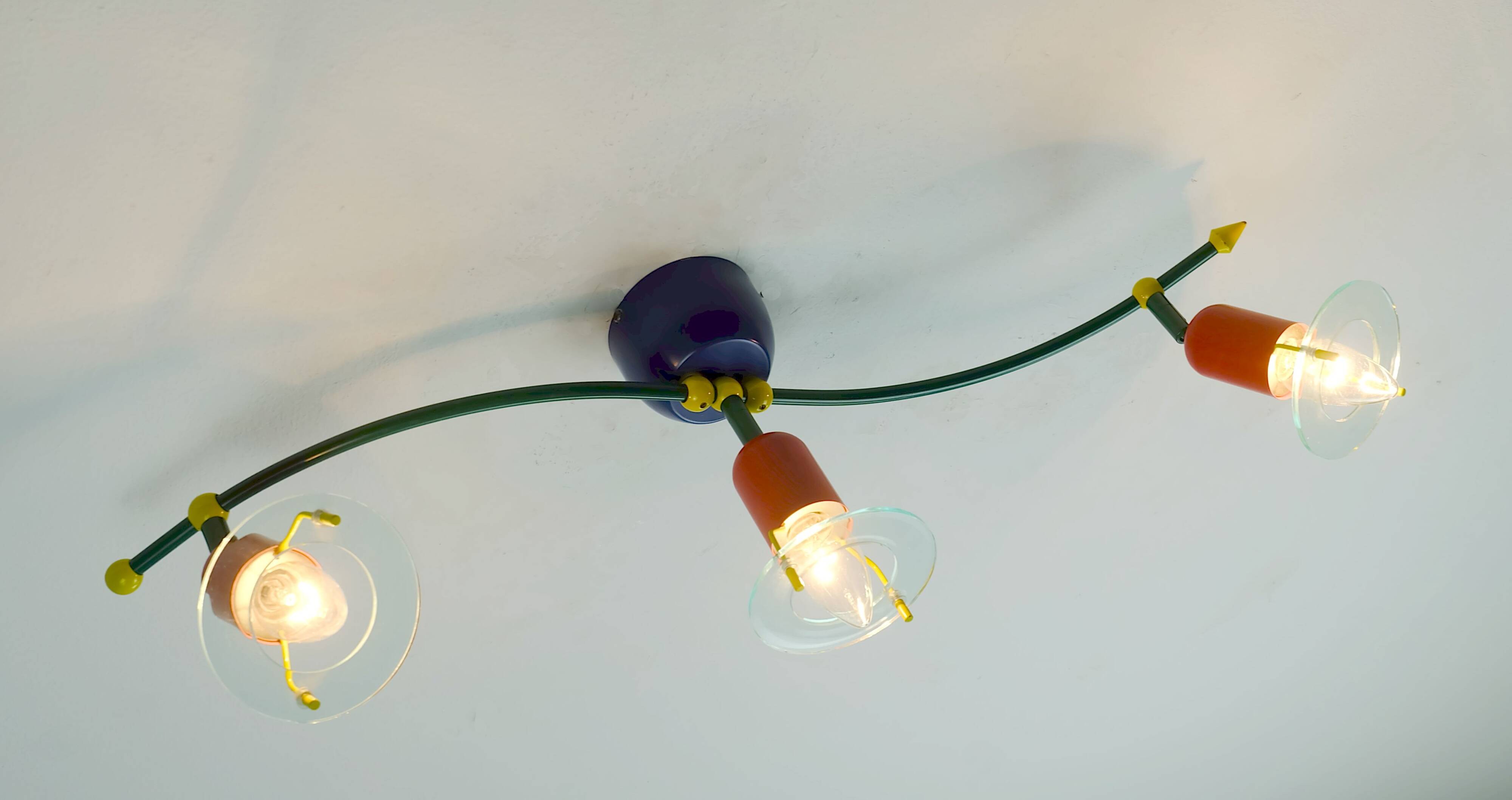 1980s 3-spot ceiling fixture metal and lucite honsel memphis era