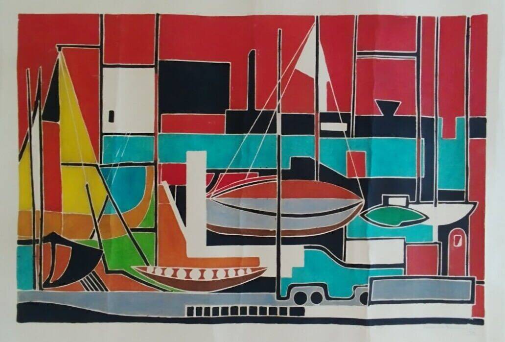 Gouache on paper signed mid-20th century boats port 1959