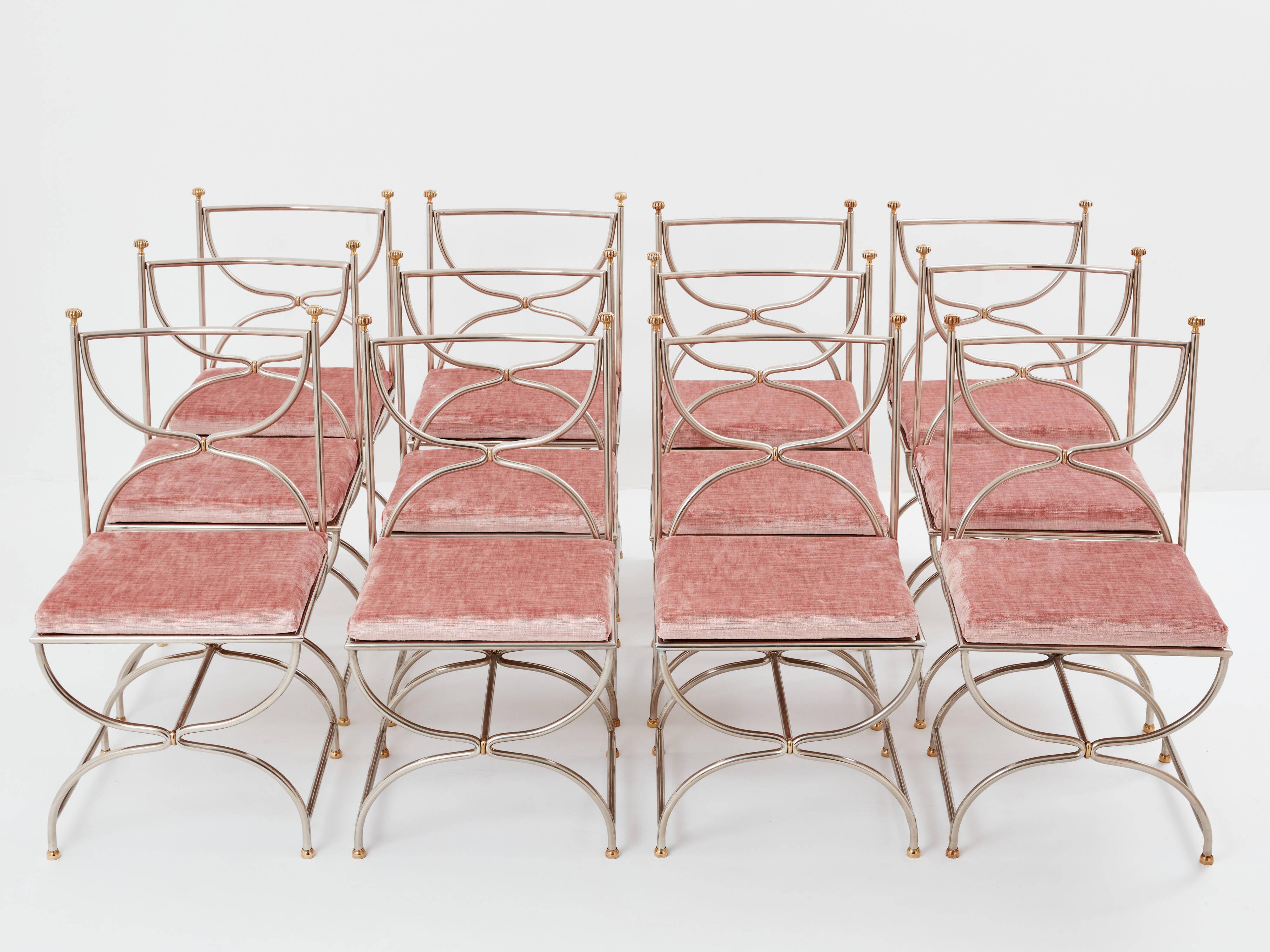 Maison Jansen rare set of 12 steel brass pink velvet chairs 1960