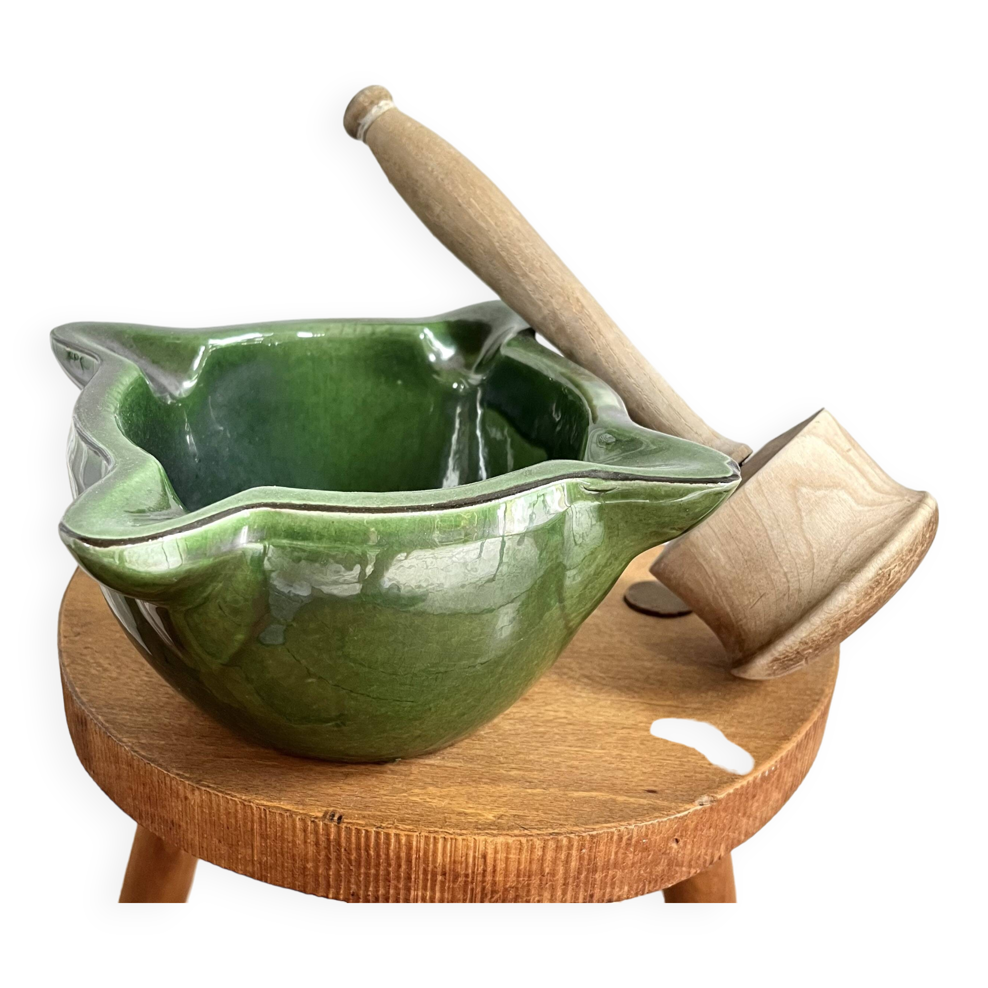 Mortier en céramique et pilon en bois