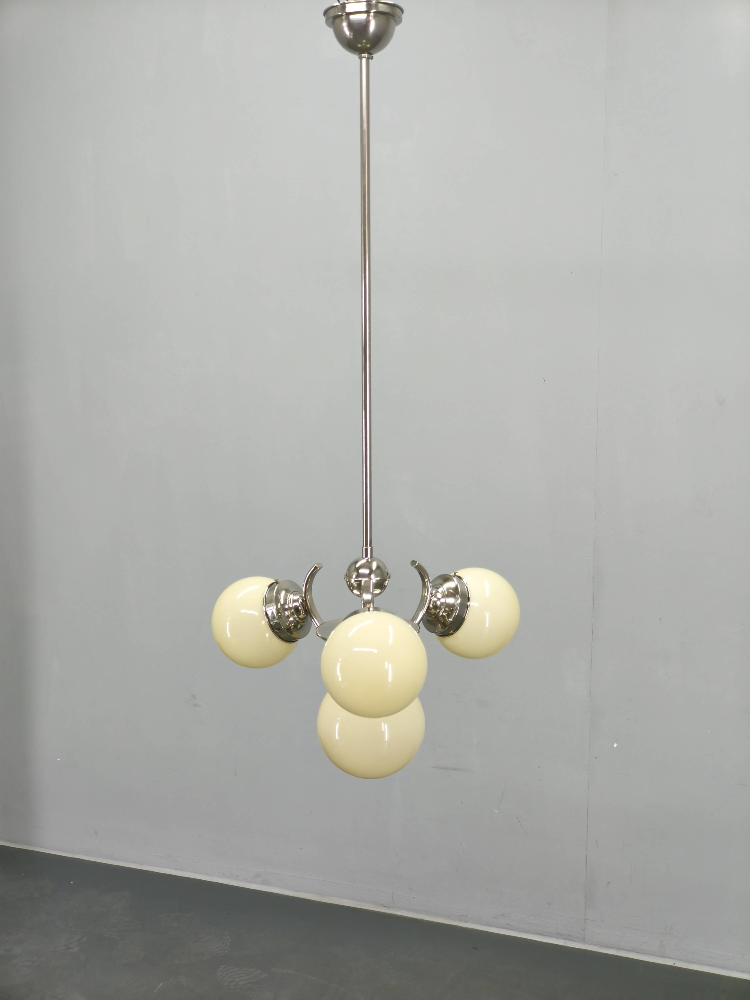 Bauhaus Globe Chandelier Czechoslovakia 1930s Chrome Pendant