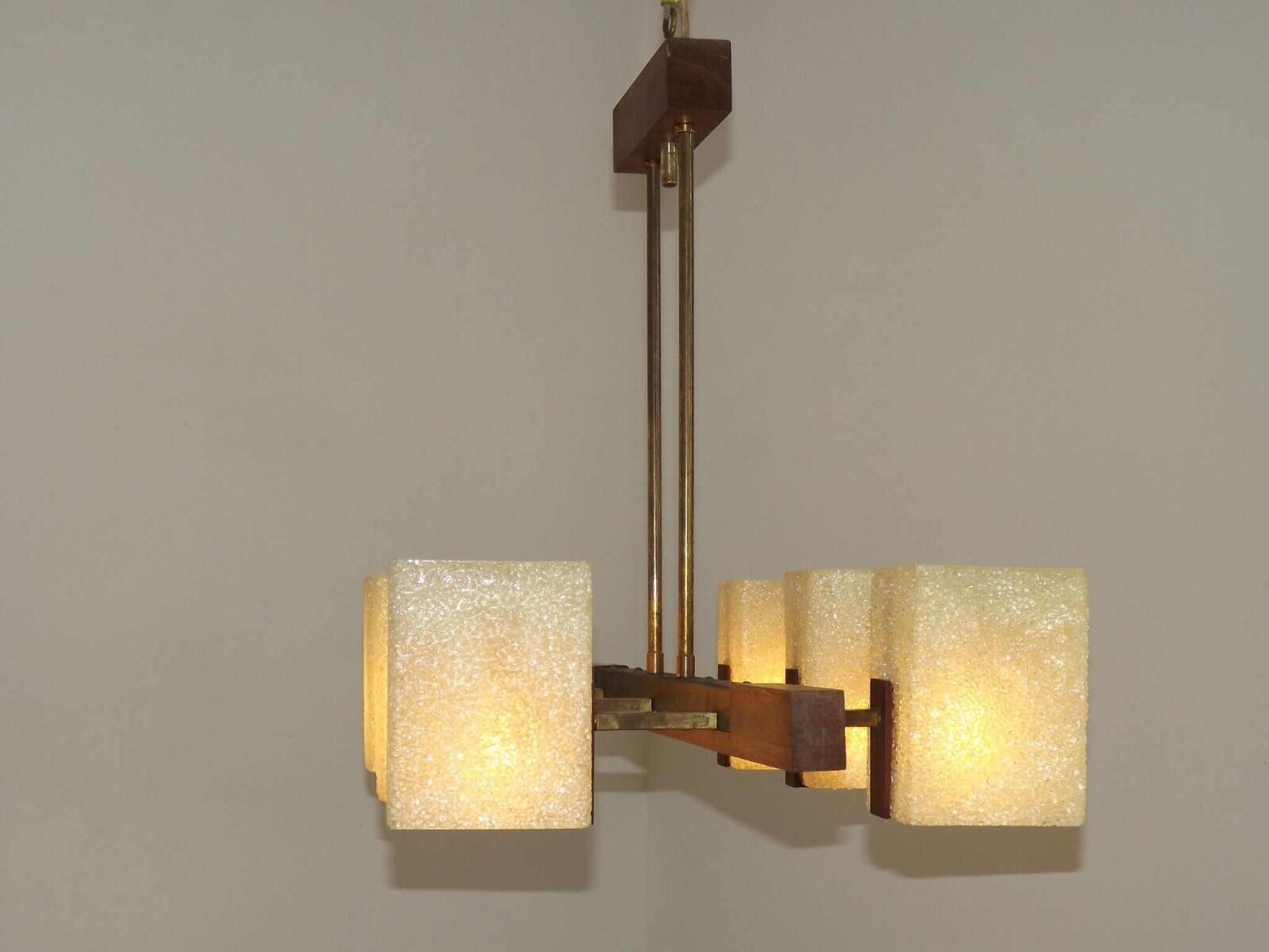 Super Retro 1960s Scandinavian Style 6 Light Teak Bass & Perspex Chandelier
