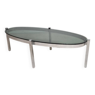 Table basse vintage chromée et verre fumé