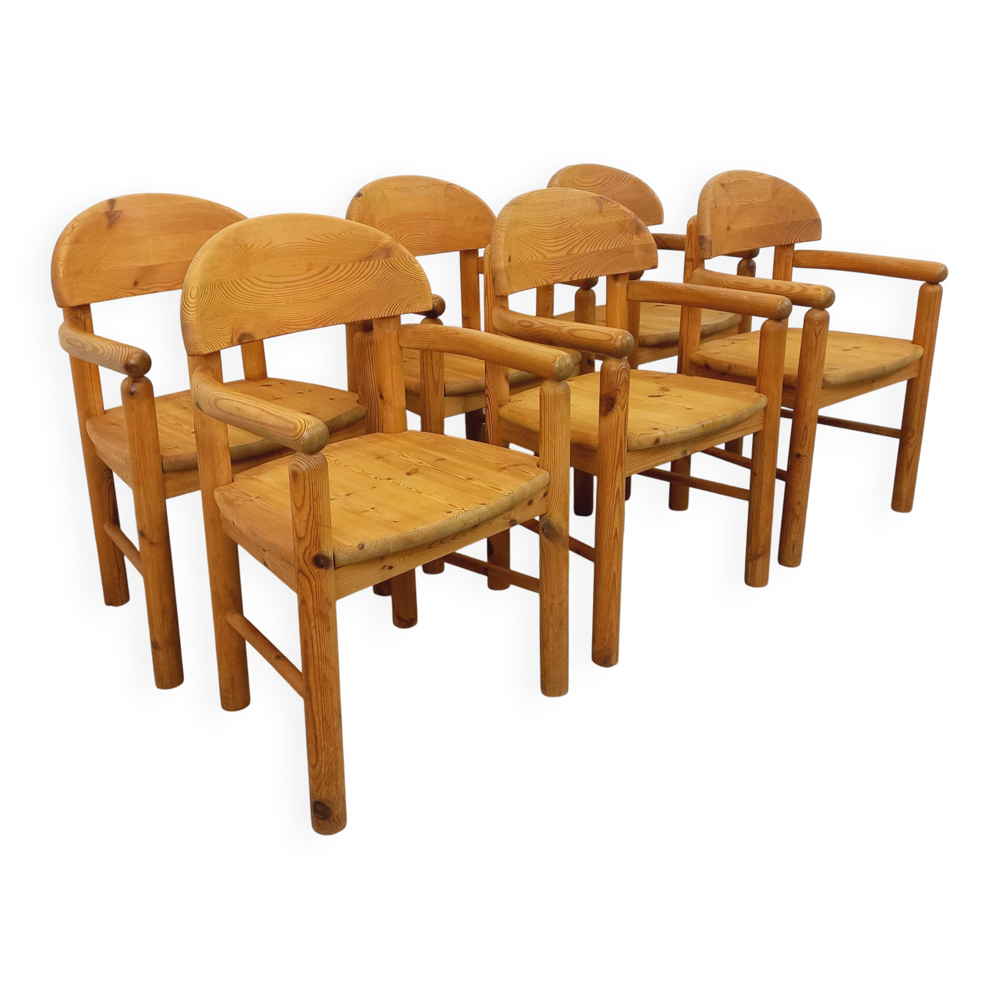 Set of 6 vintage Scandinavian armchairs by Rainer Daumiller in pine from the 1960s.