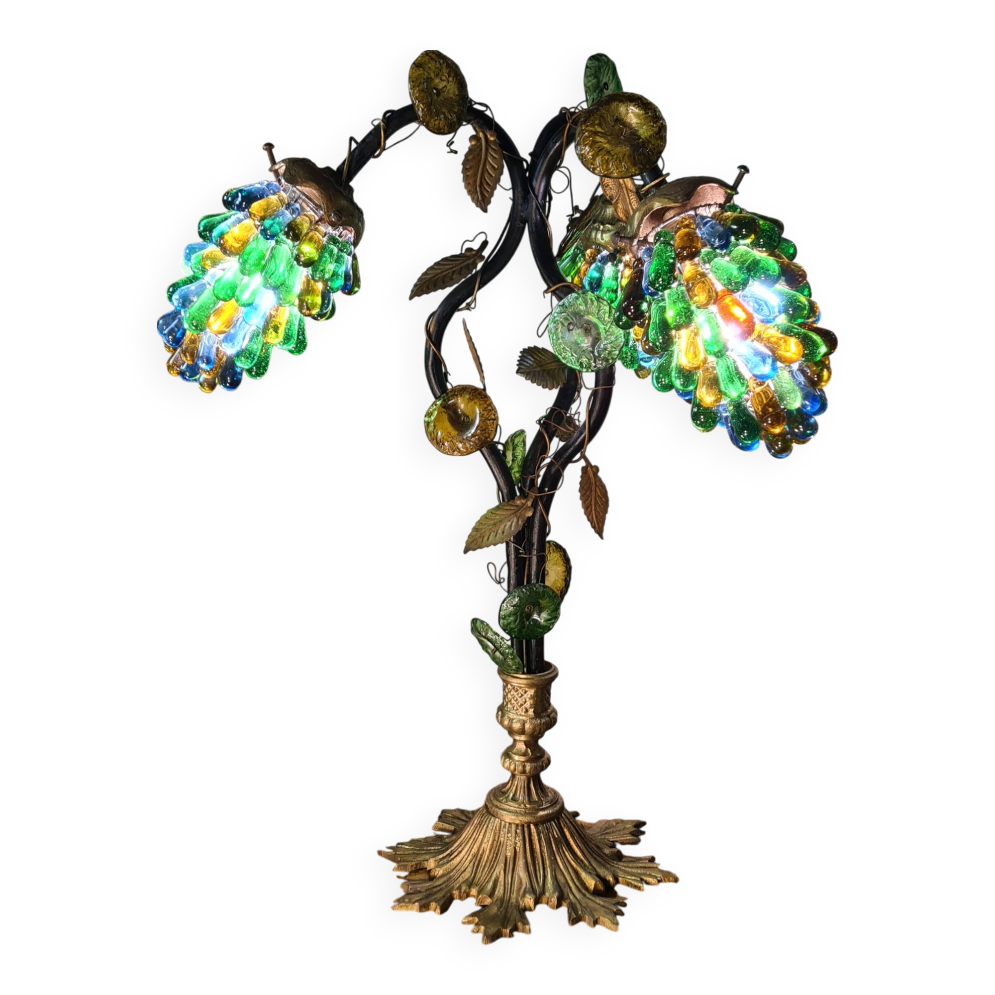 Original murano lamp in gilded bronze and metal with three lights, murano glass tulips 58x42