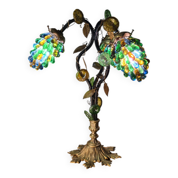 Lampe original murano en bronze doré et métal à trois lumières, tulipes en verre de murano 58x42