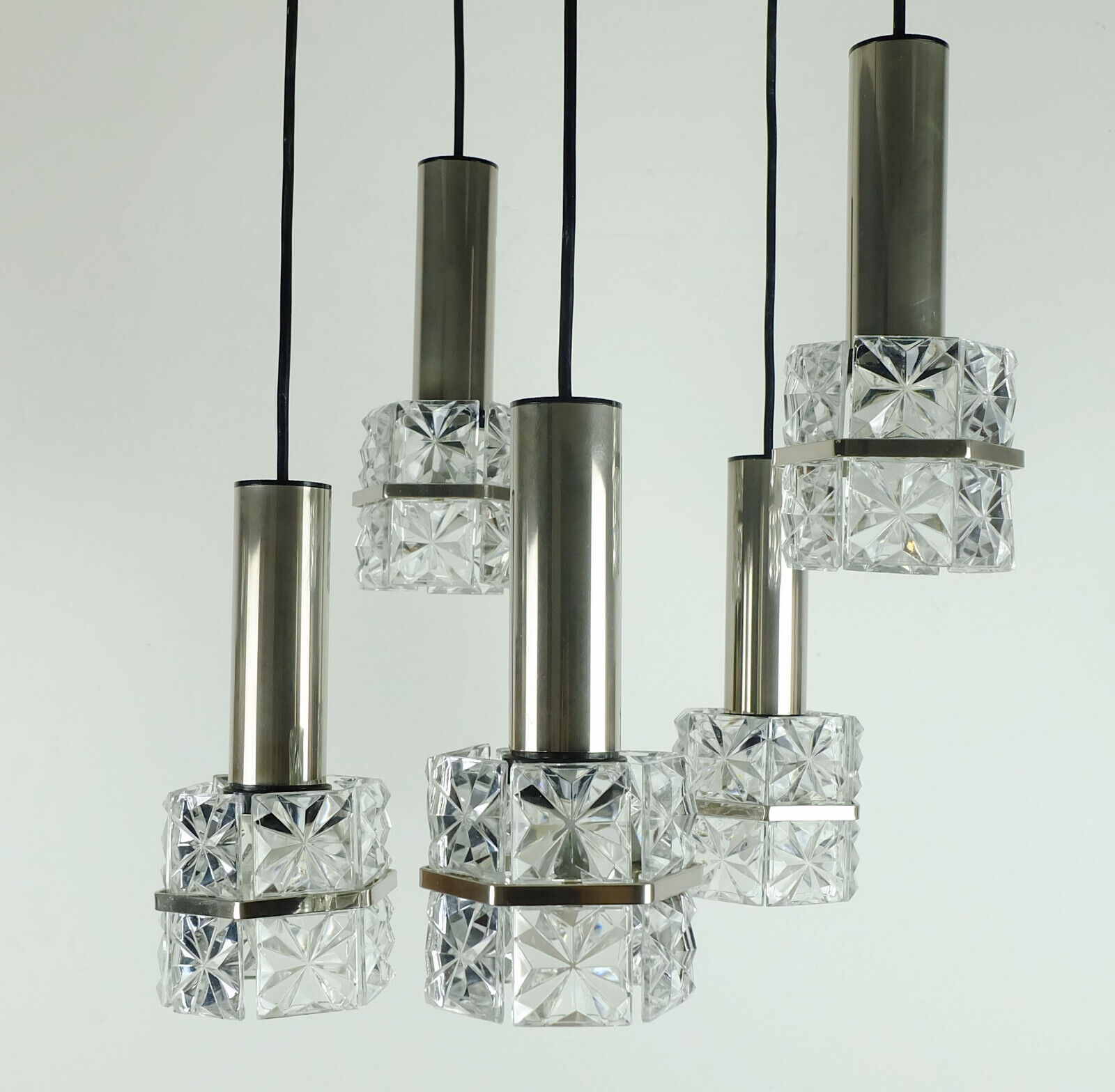 1960s mid century PENDANT LIGHT 5-light cascading lamp faceted glass and chrome