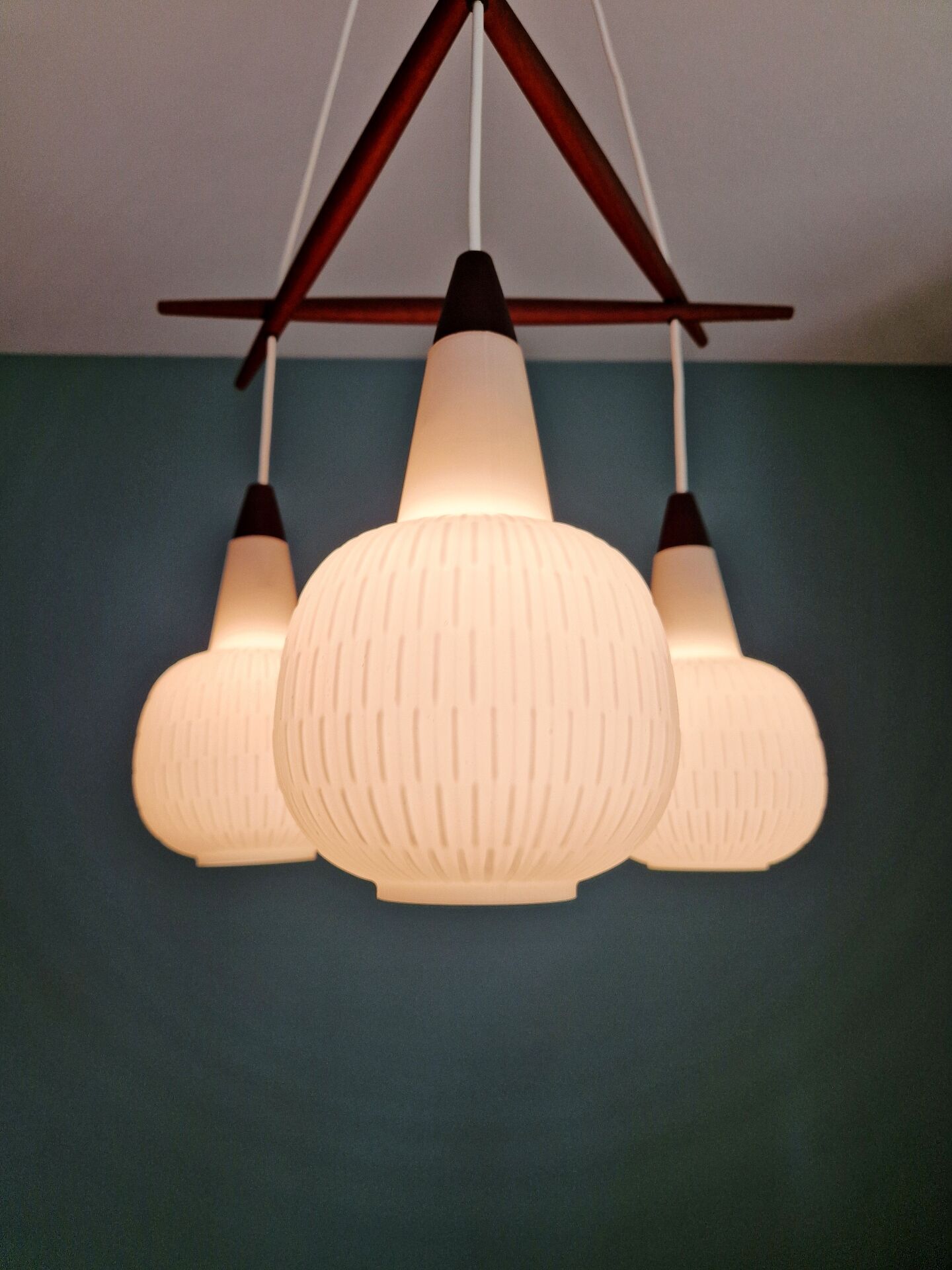 Scandinavian chandelier in teak and white opaline, 1960s