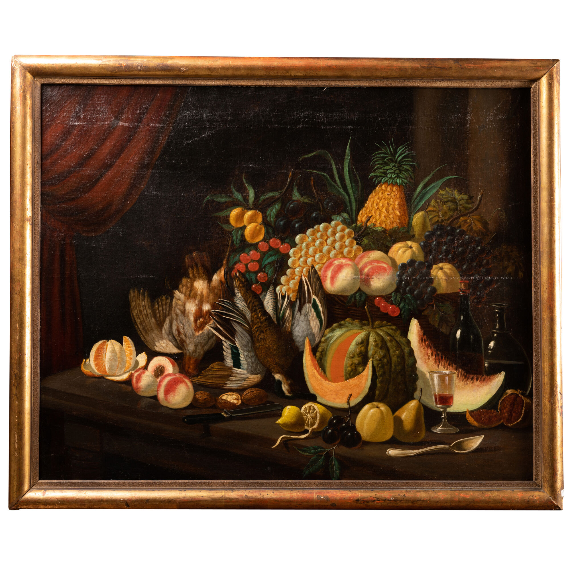 Huile Sur Toile Nature Morte - Cadre Bois Doré Signé - Bon état, Couleurs Vibrantes