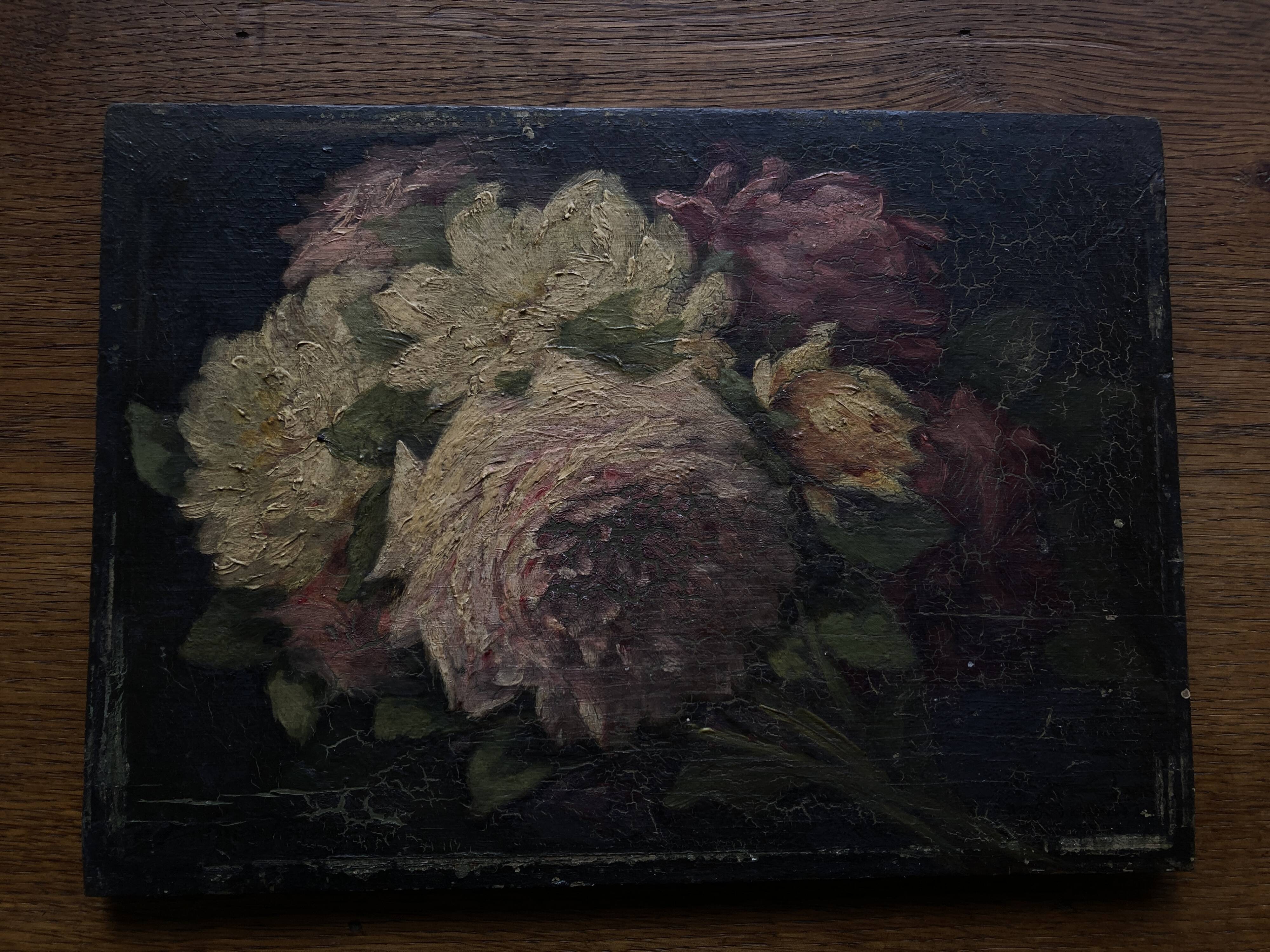 Oil on wood 19th century cut flowers