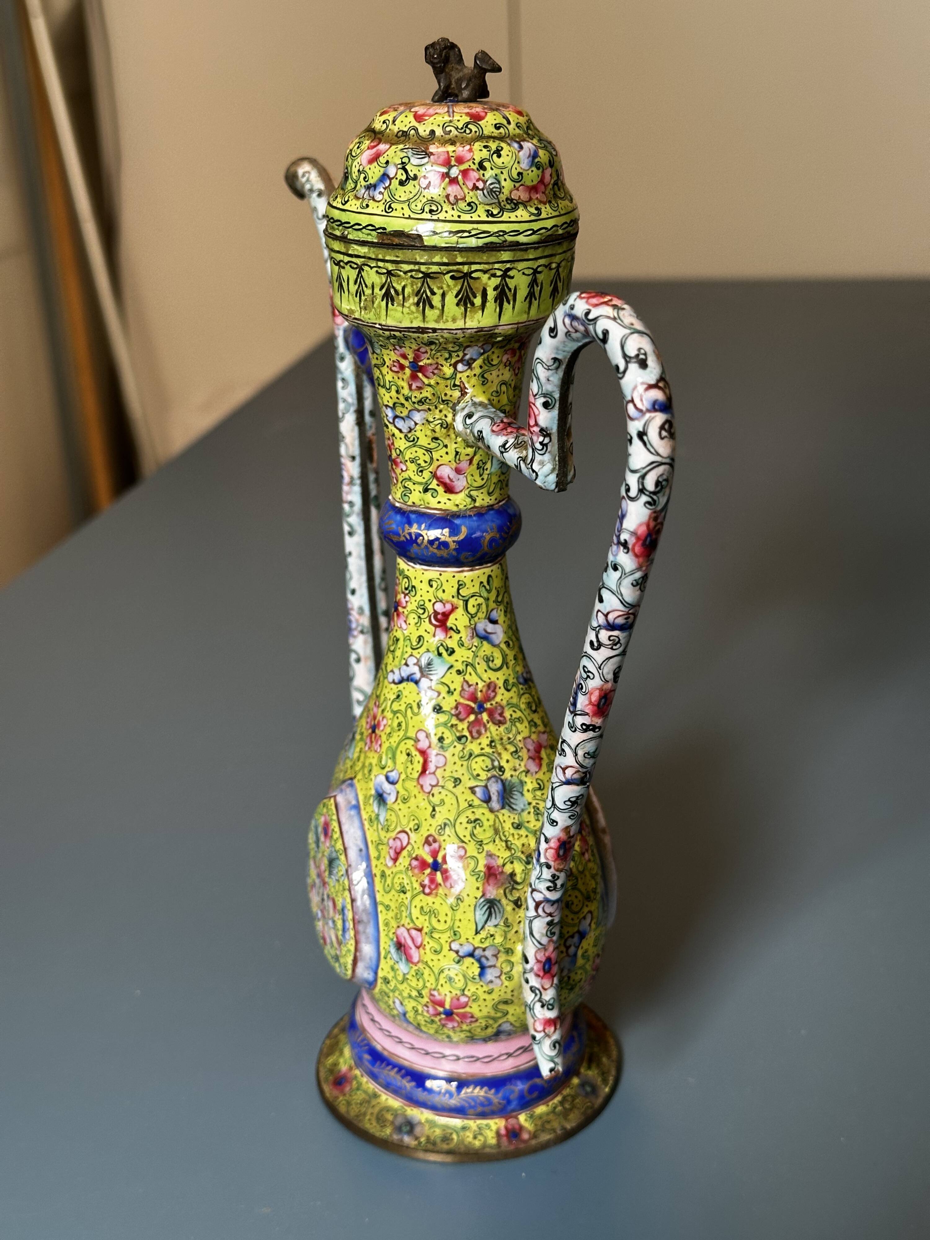 Chinese ewer in painted enamel on copper – floral decoration - Canton 18