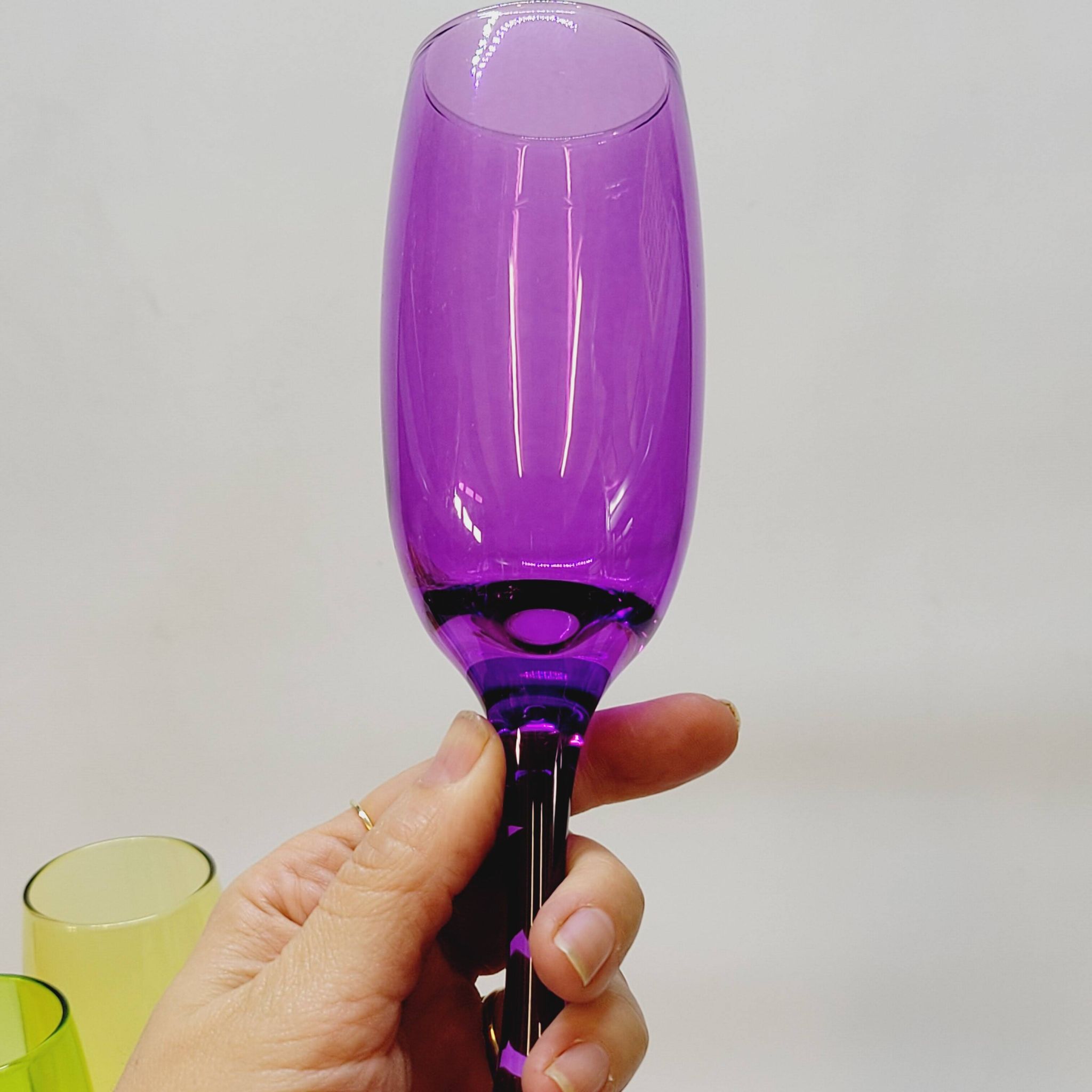 6 multicolored glass champagne flutes red orange yellow green blue purple