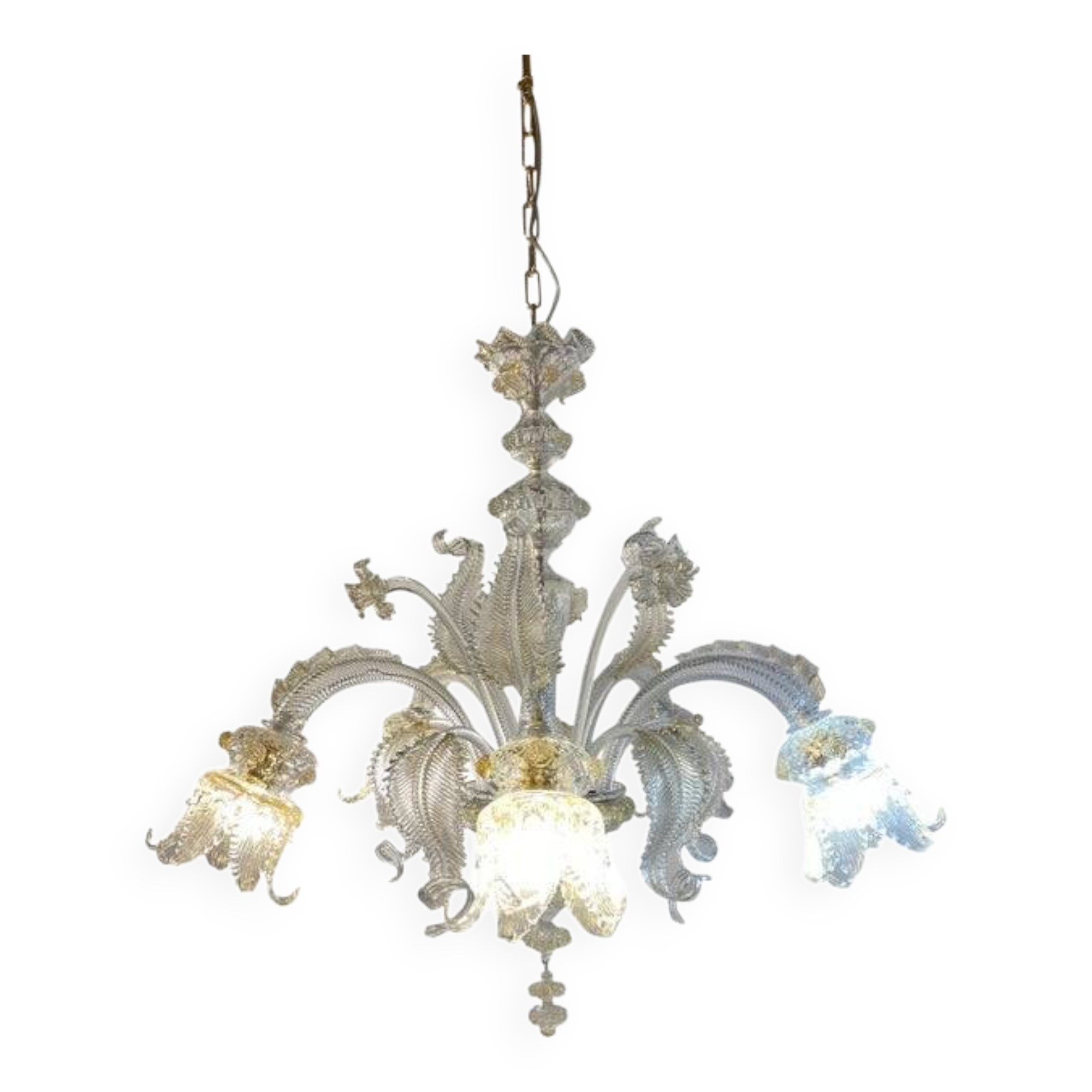 Murano Style Glass Clear and Gold Chandelier With Flowers and Leaves