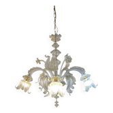 Murano Style Glass Clear and Gold Chandelier With Flowers and Leaves