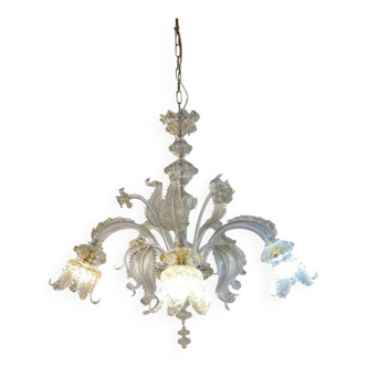 Murano Style Glass Clear and Gold Chandelier With Flowers and Leaves