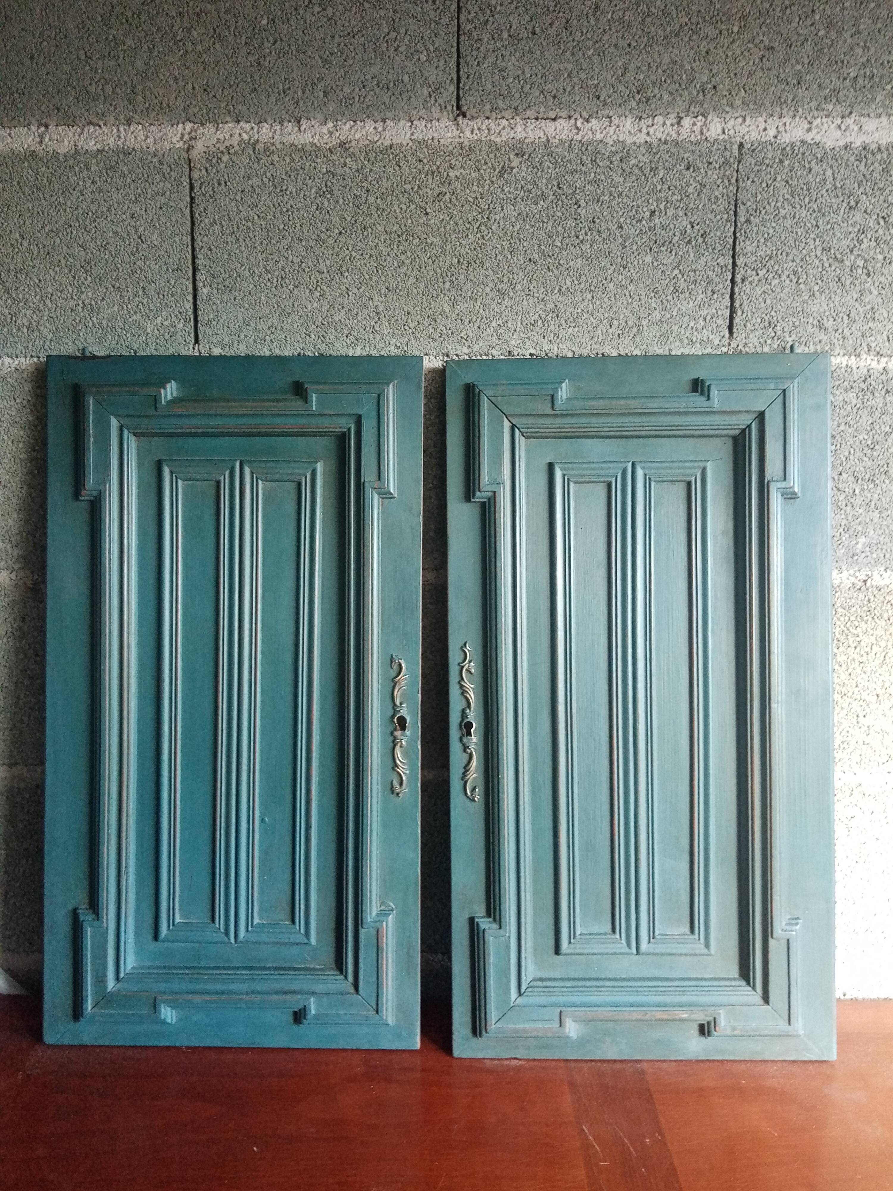 Pair Old Patinated Door Blue Aubusson Wooden Door Deco