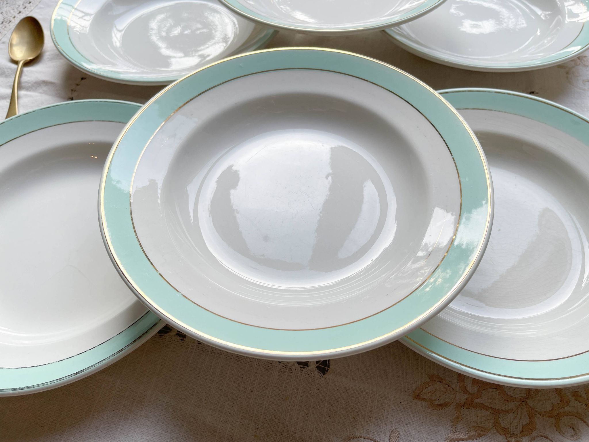6 vintage LUNEVILLE earthenware soup plates, white, green and gold