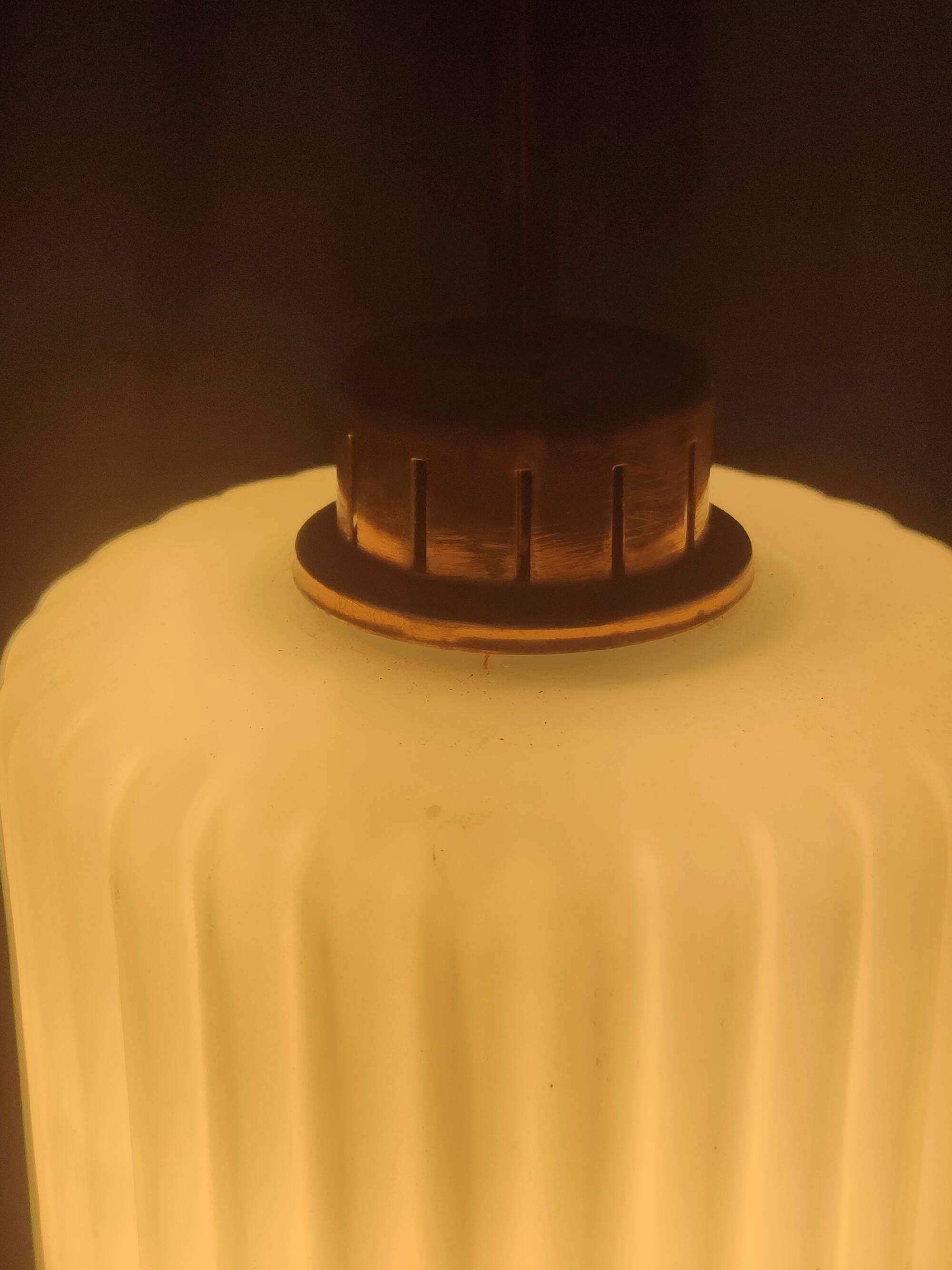 Vintage Glazed Opaline Glass, Teak and Brass Pendant, Italy